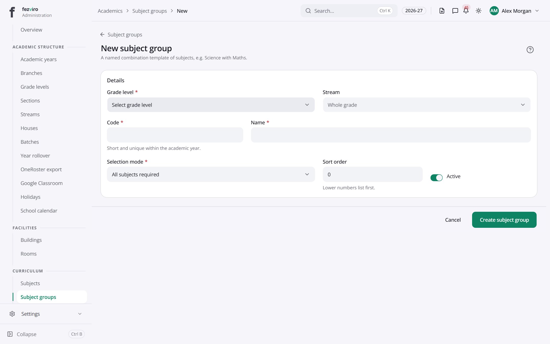 The form: Subject groups