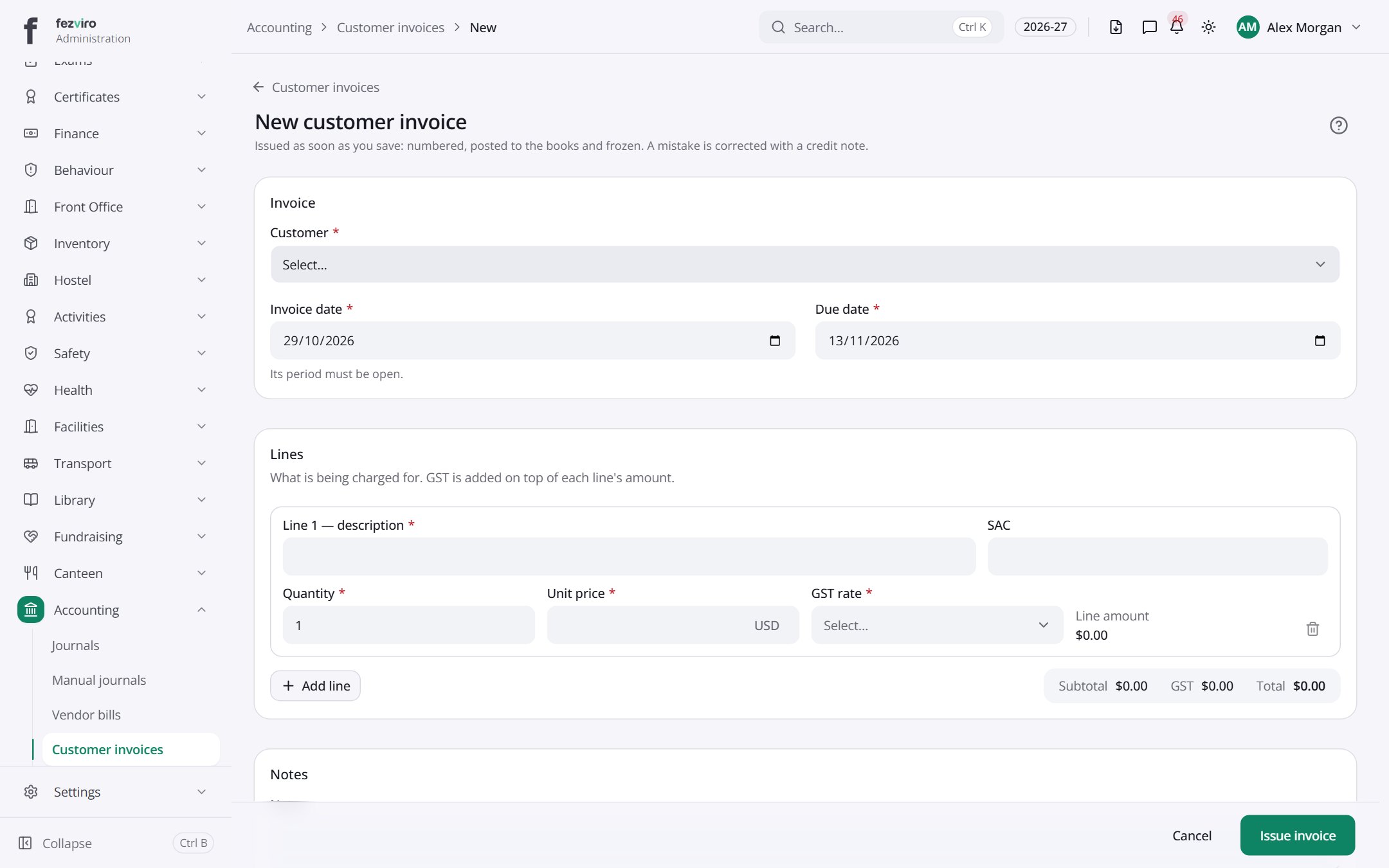 The form: Customer invoices