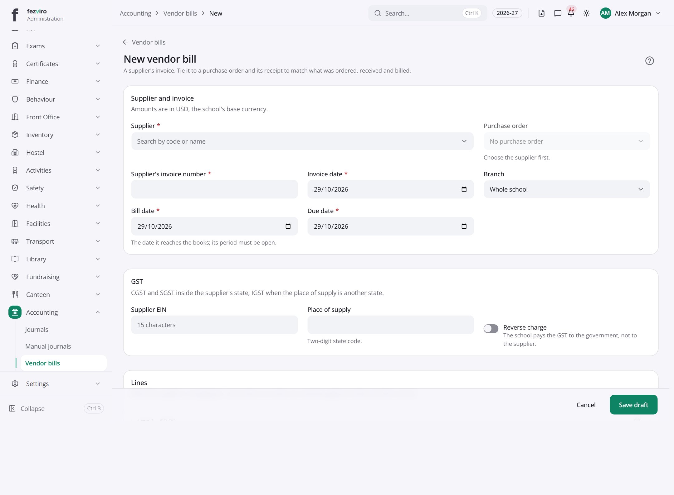 The form: Vendor bills
