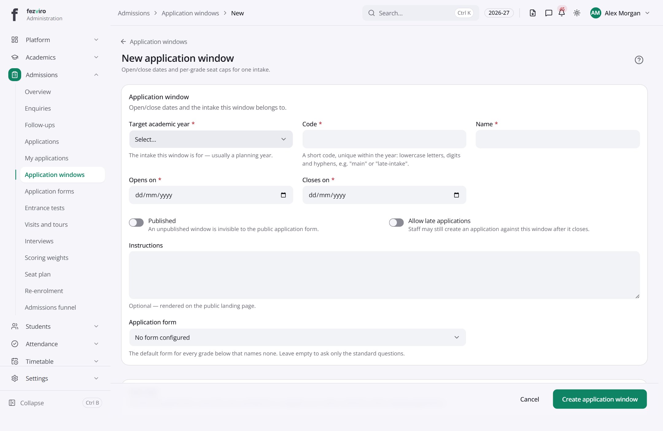 The form: Application windows