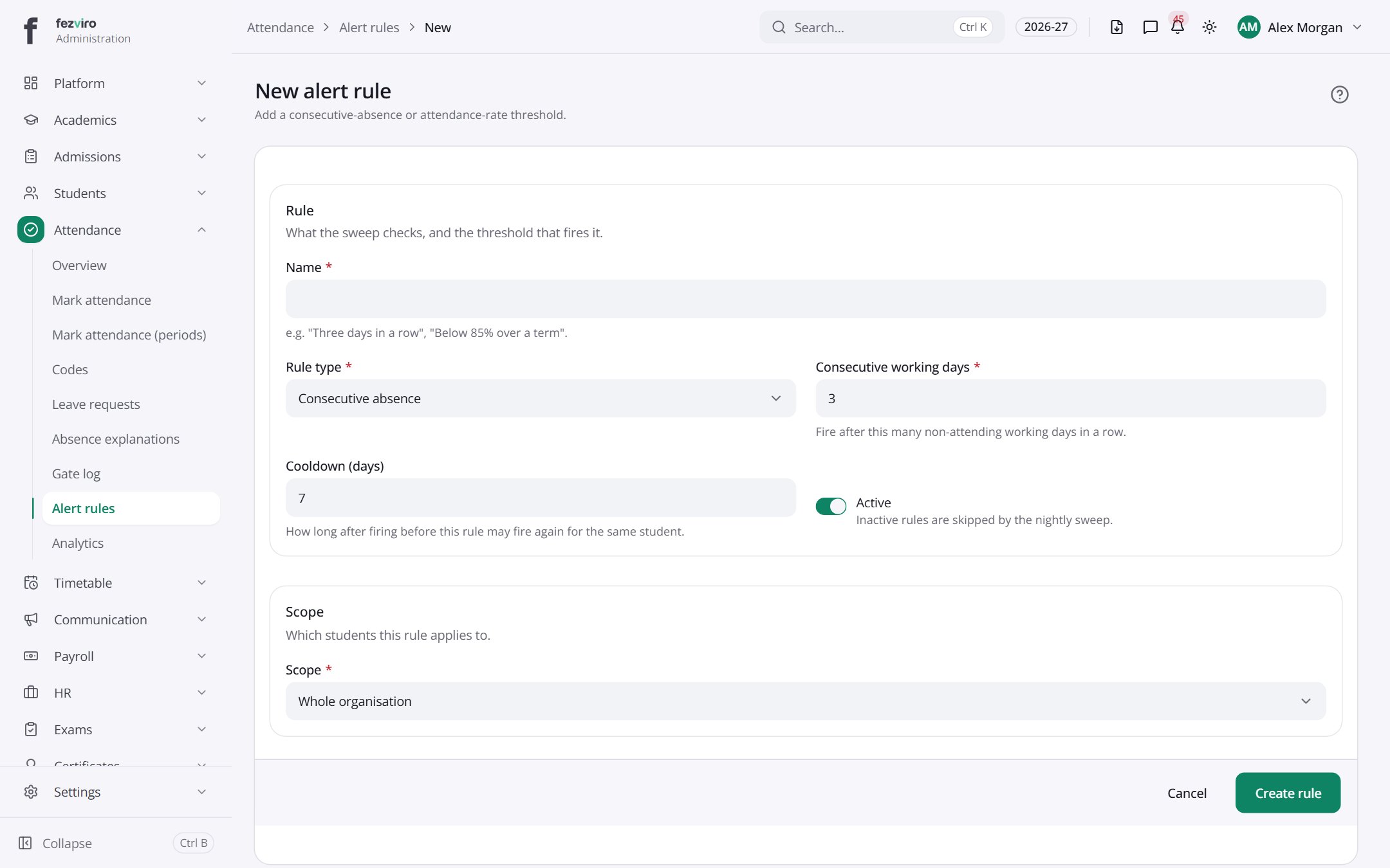 The form: Alert rules
