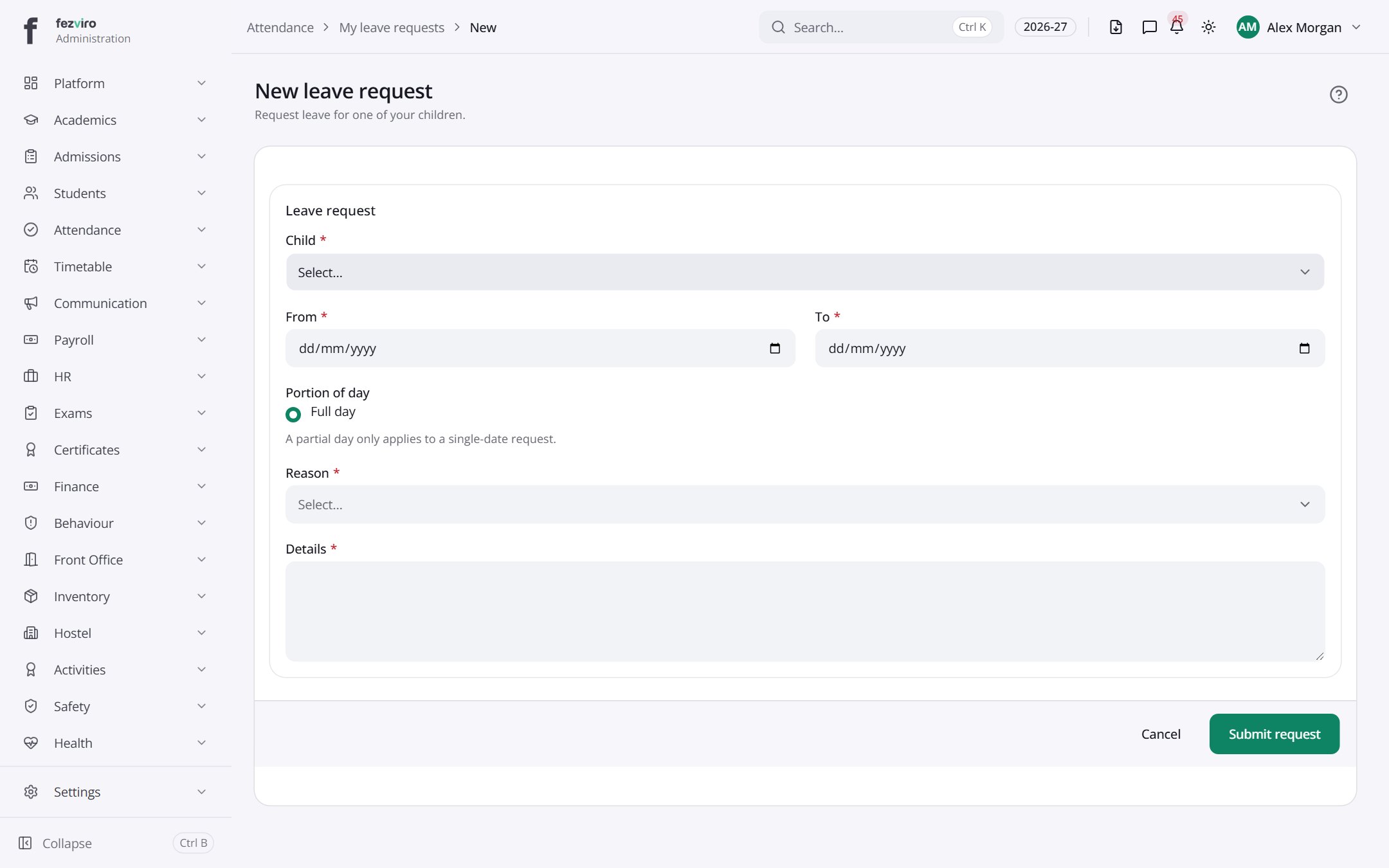 The form: My leave requests