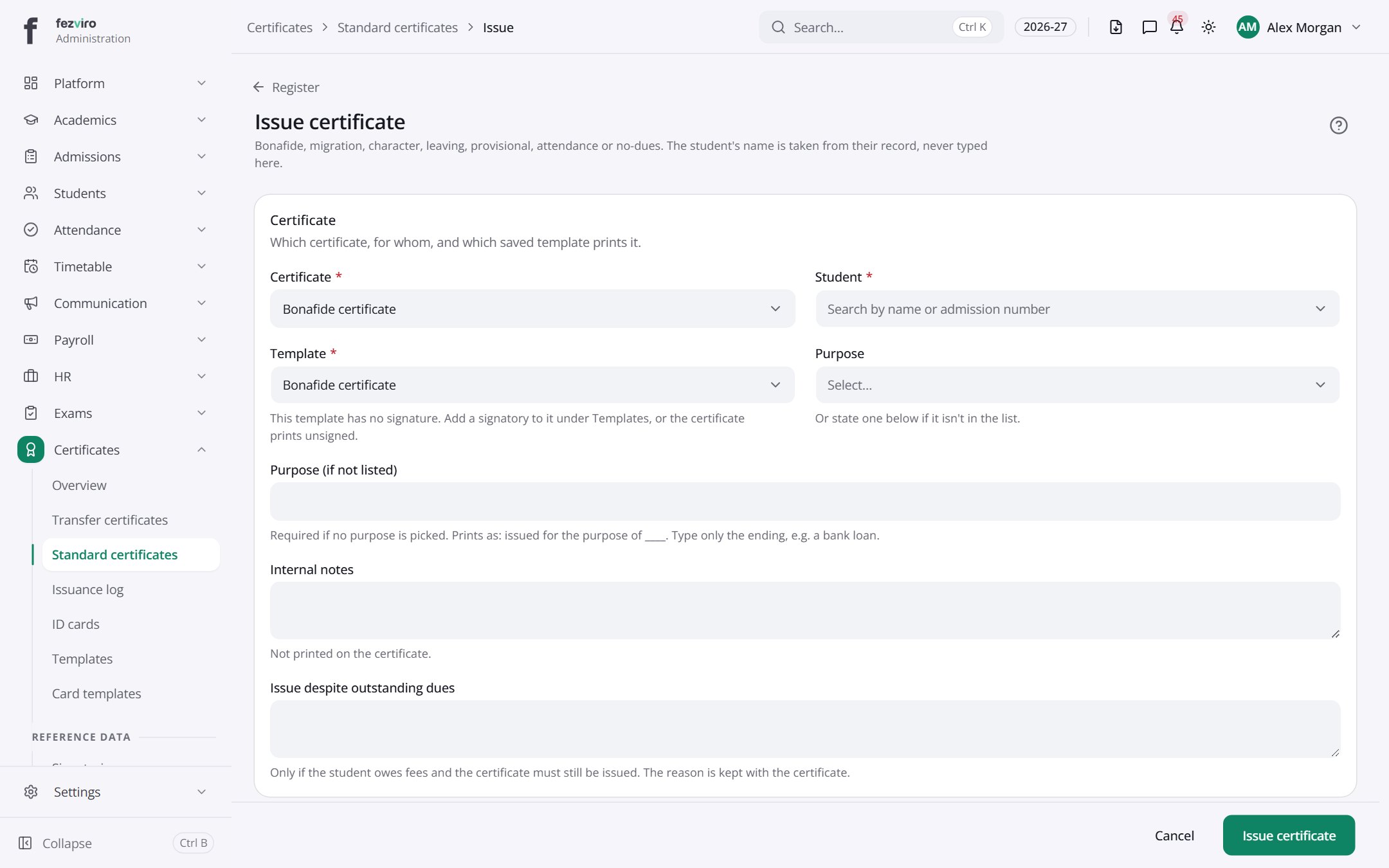 The form: Standard certificates