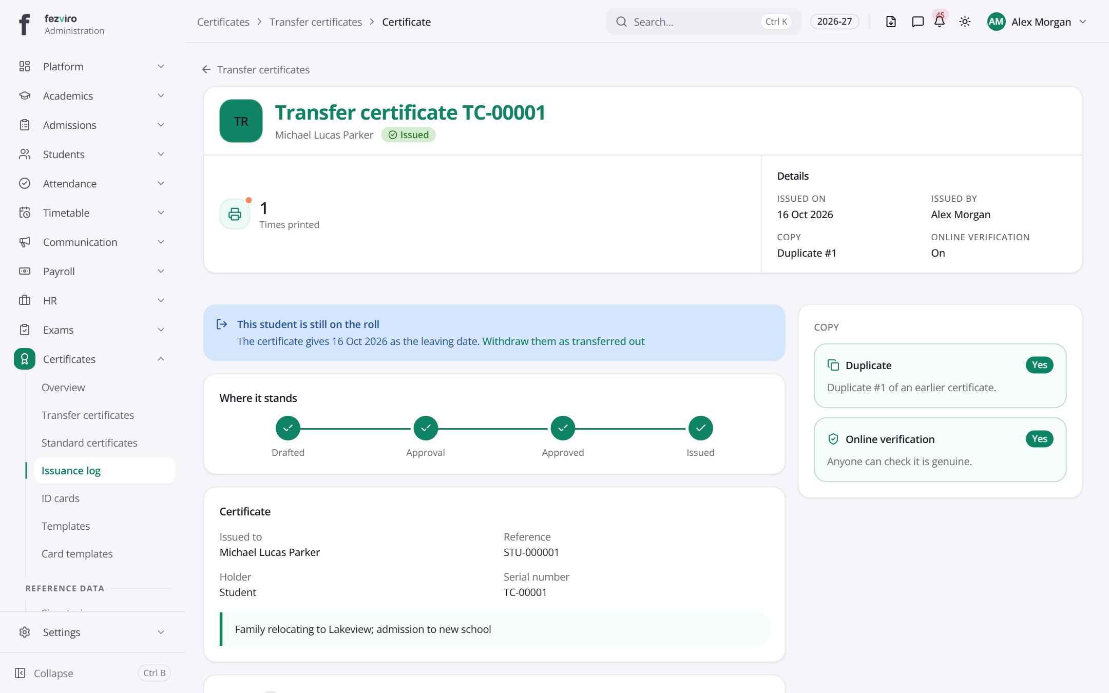 Transfer certificate TC-00001