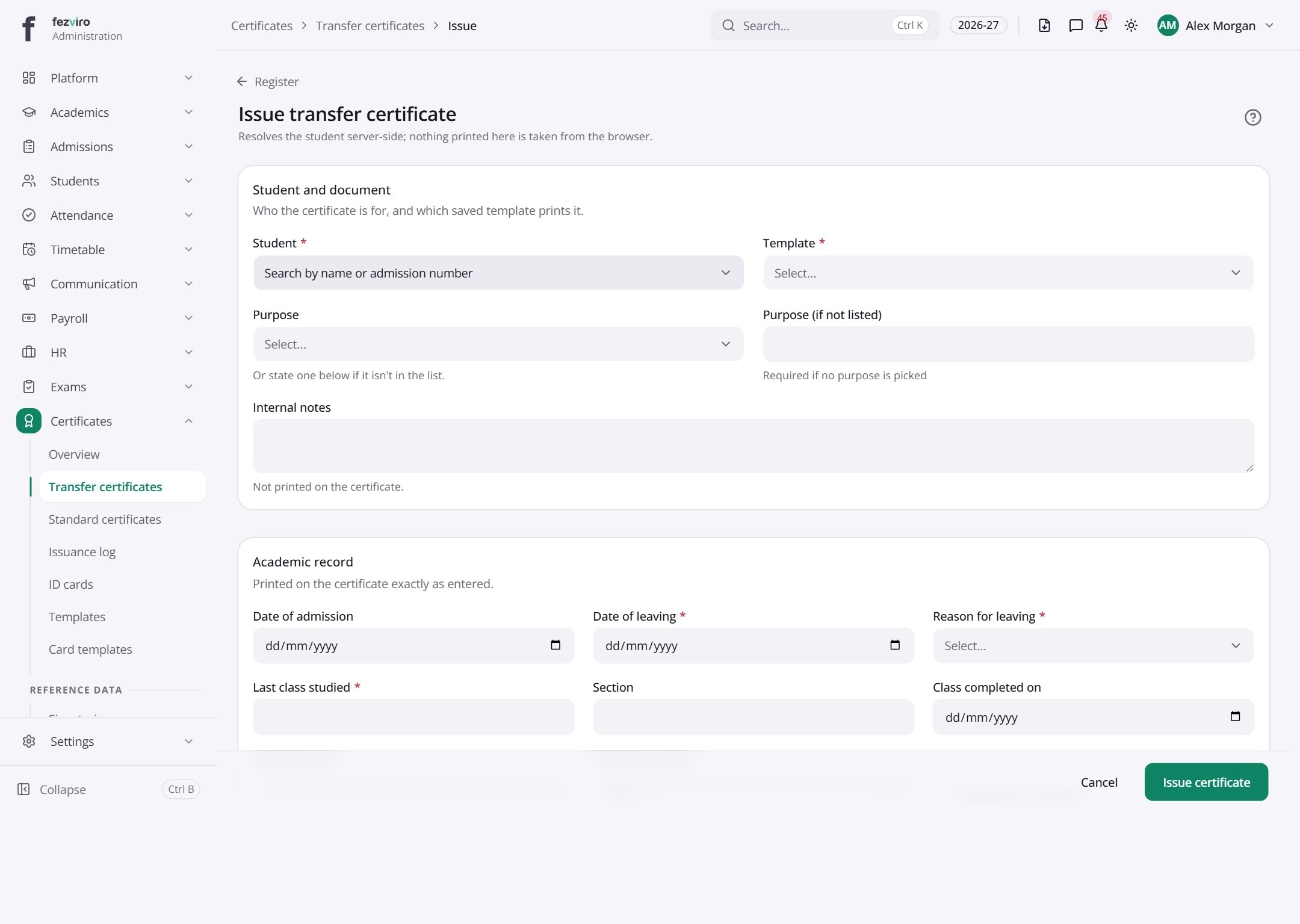 The form: Transfer certificates