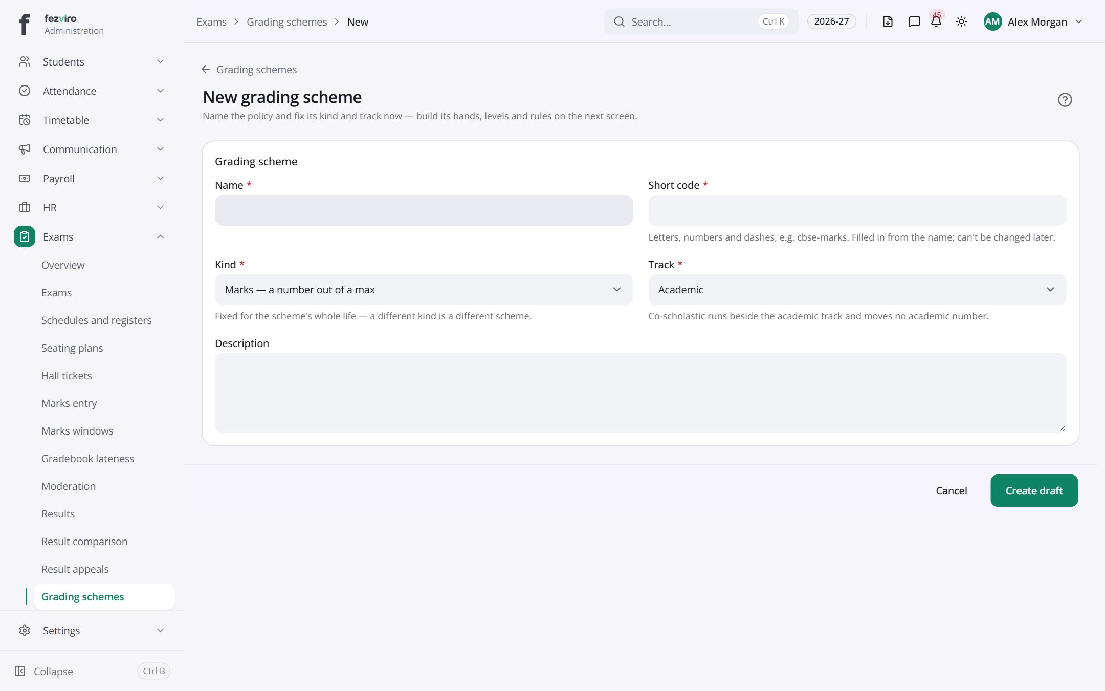 The form: Grading schemes