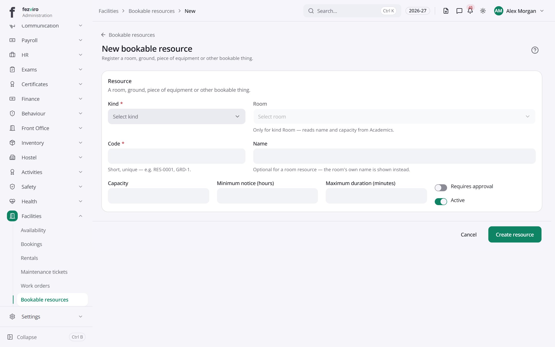 The form: Bookable resources