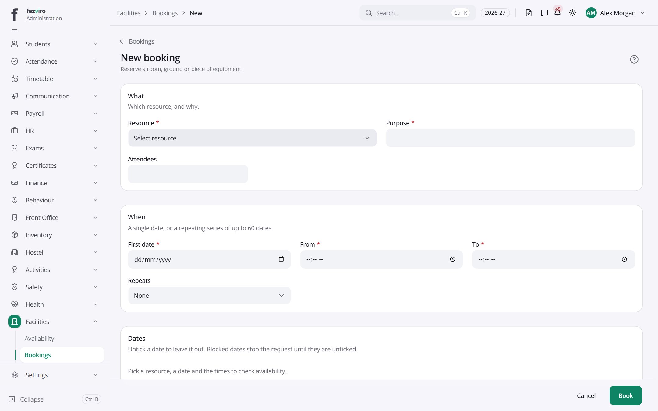 The form: Bookings