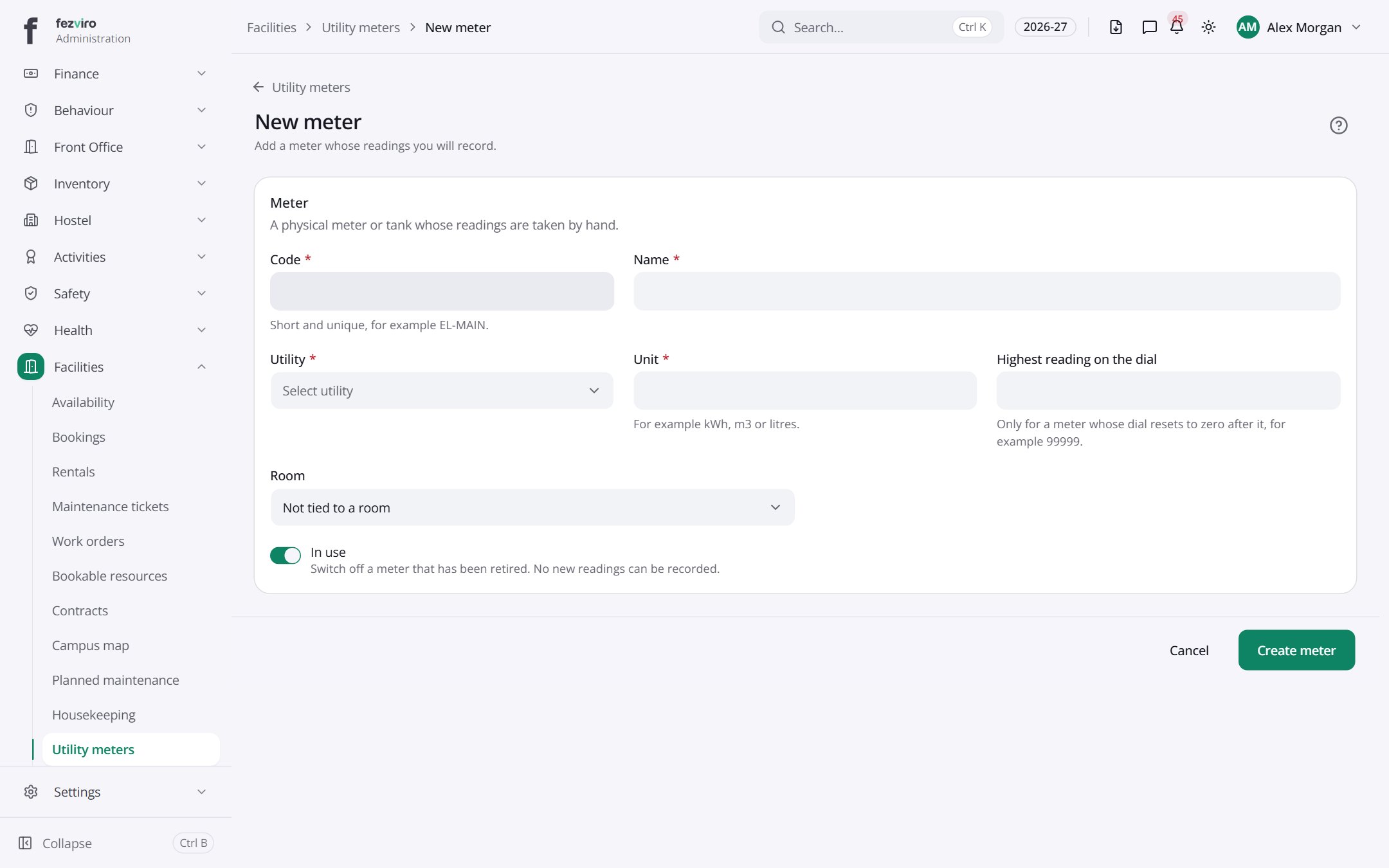 The form: Utility meters