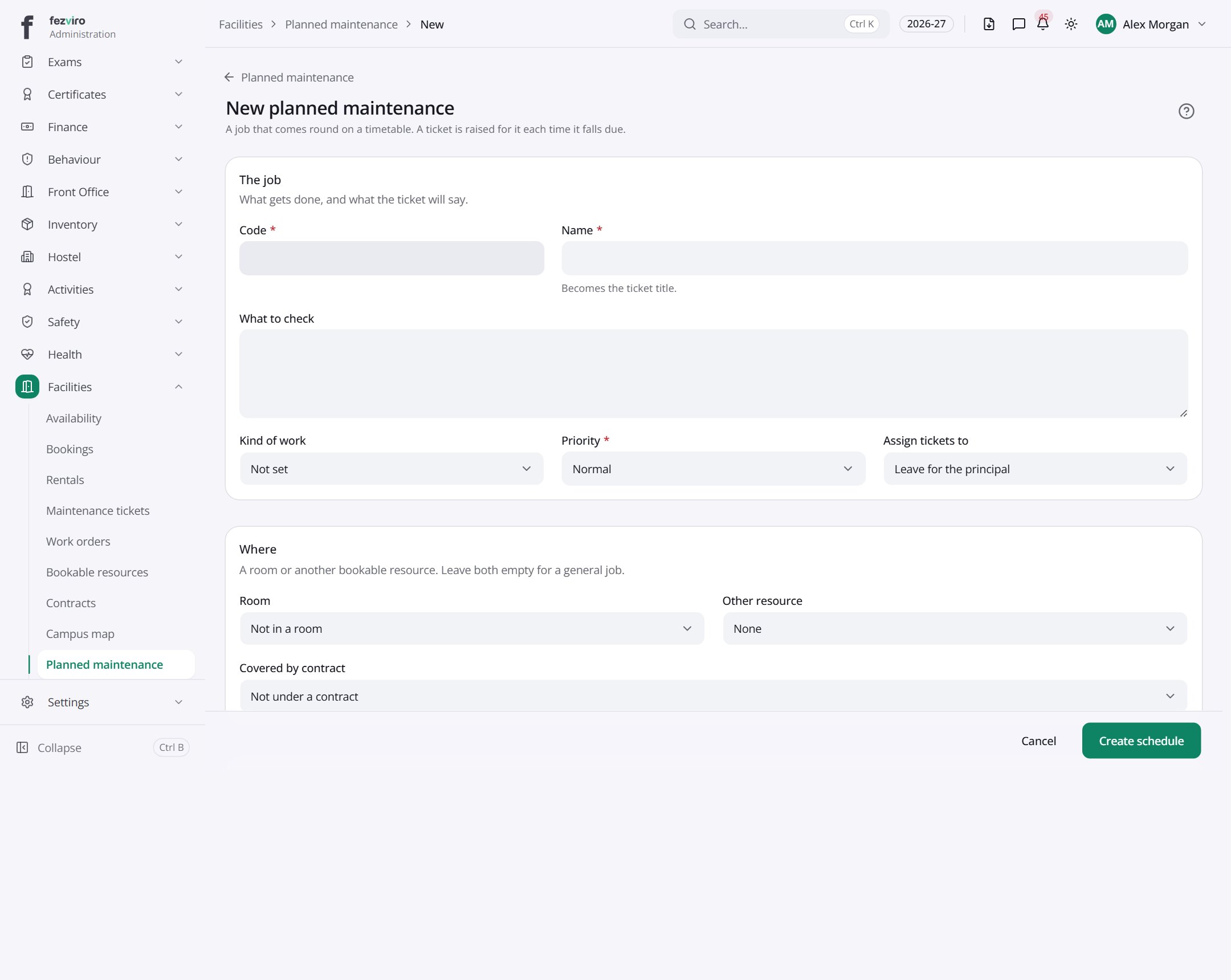 The form: Planned maintenance