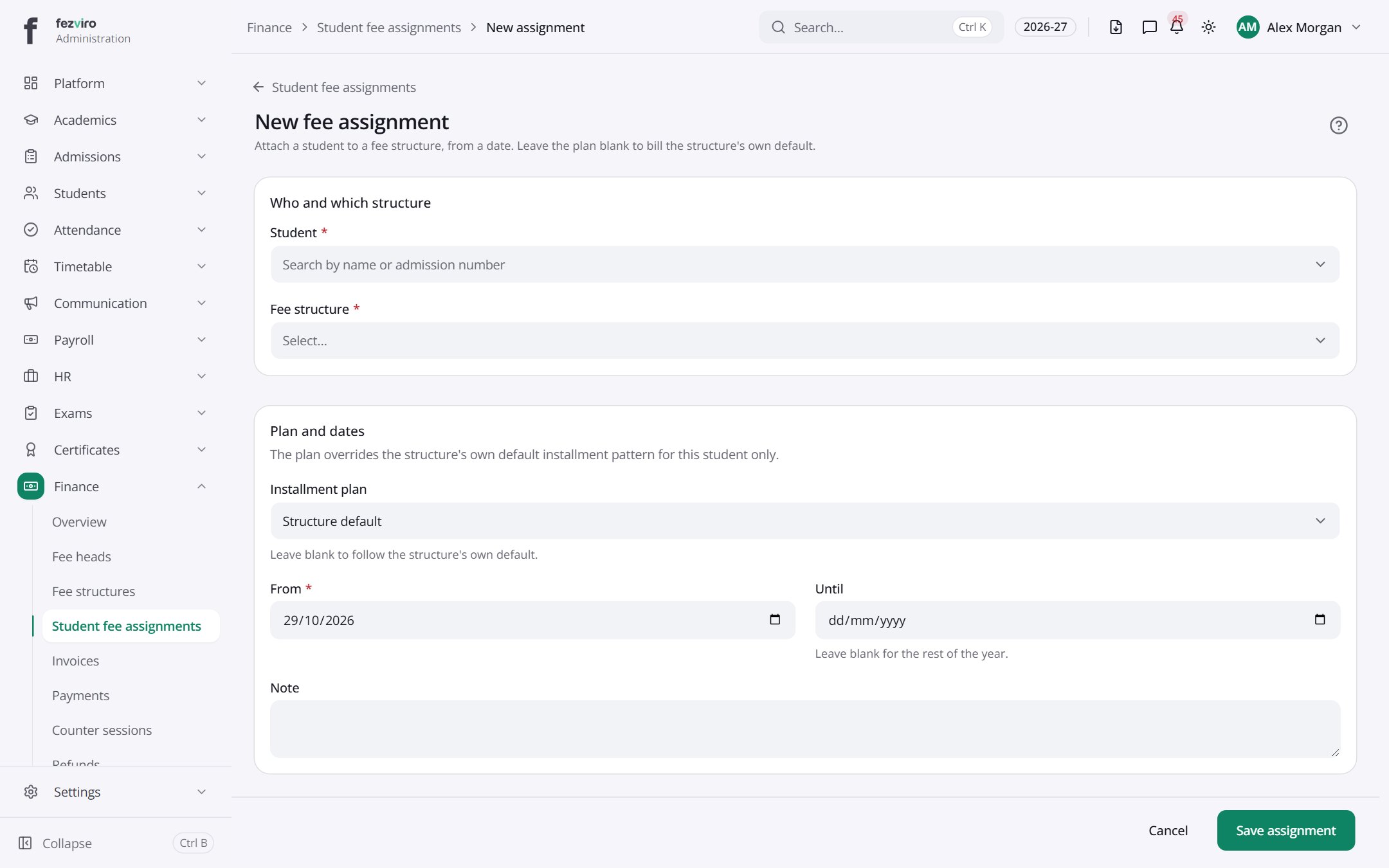 The form: Student fee assignments