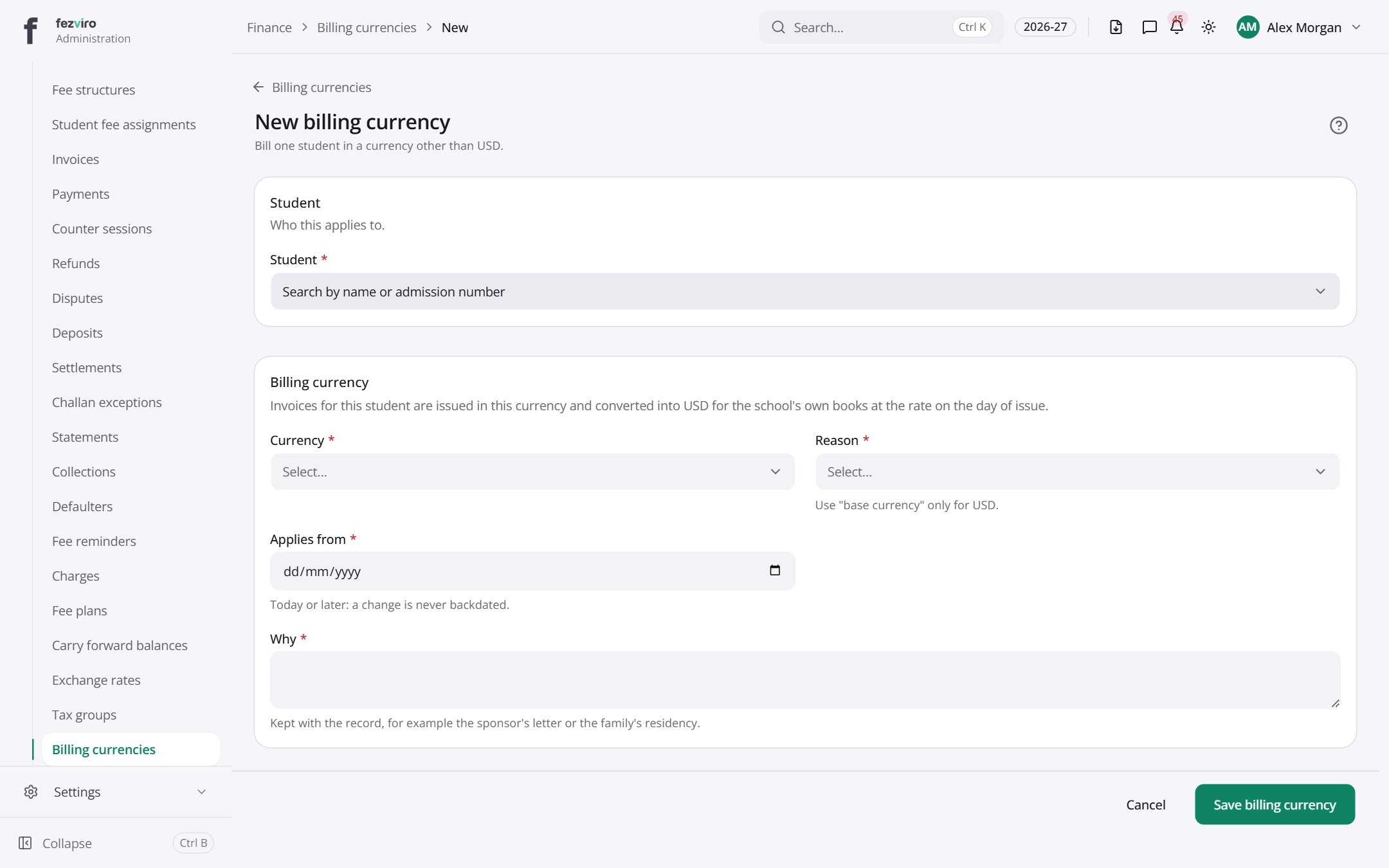 The form: Billing currencies