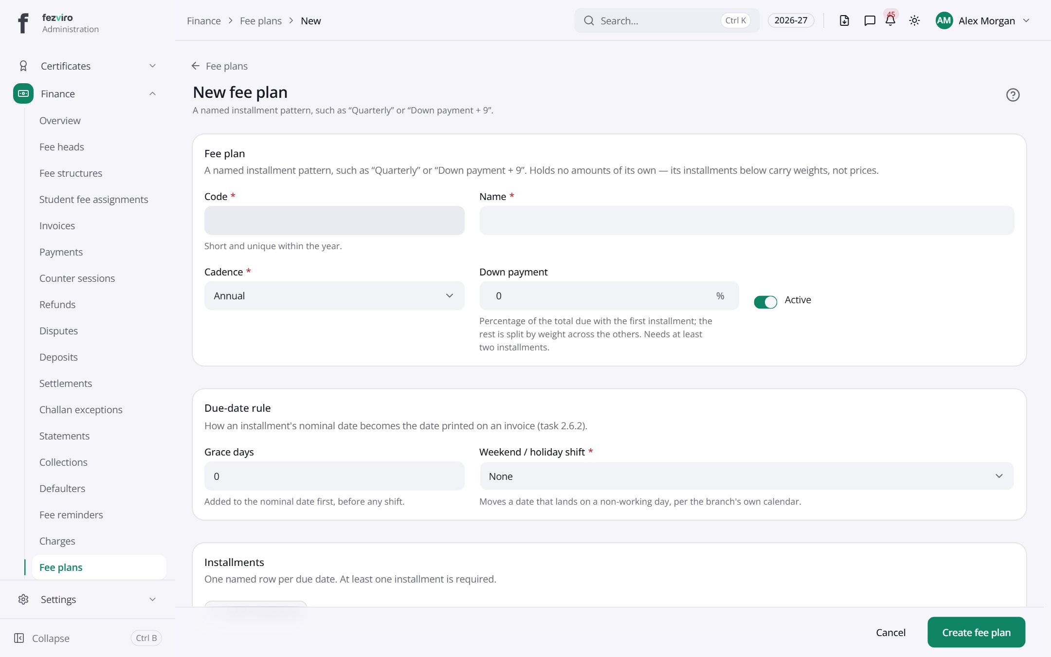 The form: Fee plans