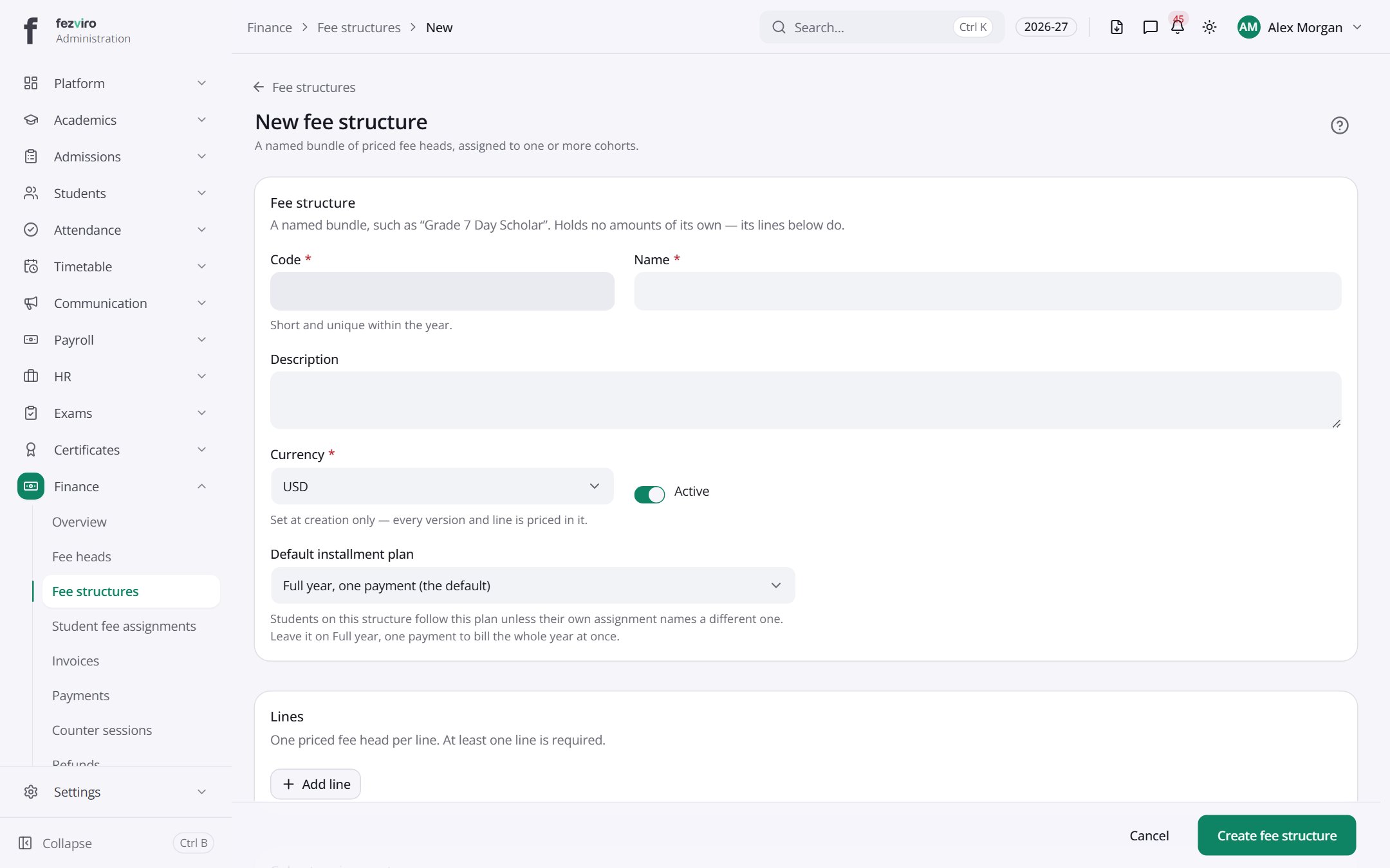 The form: Fee structures