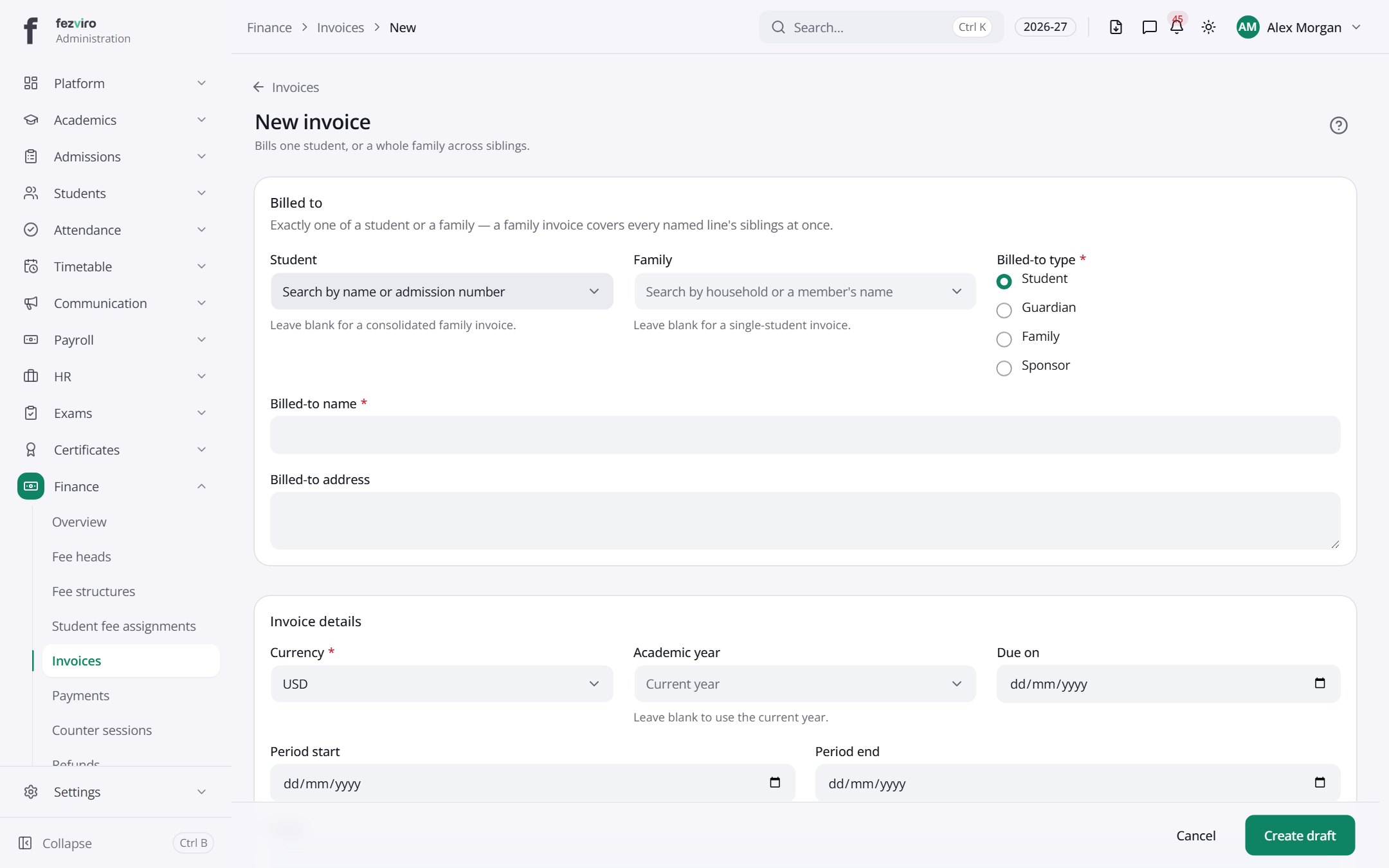 The form: Invoices