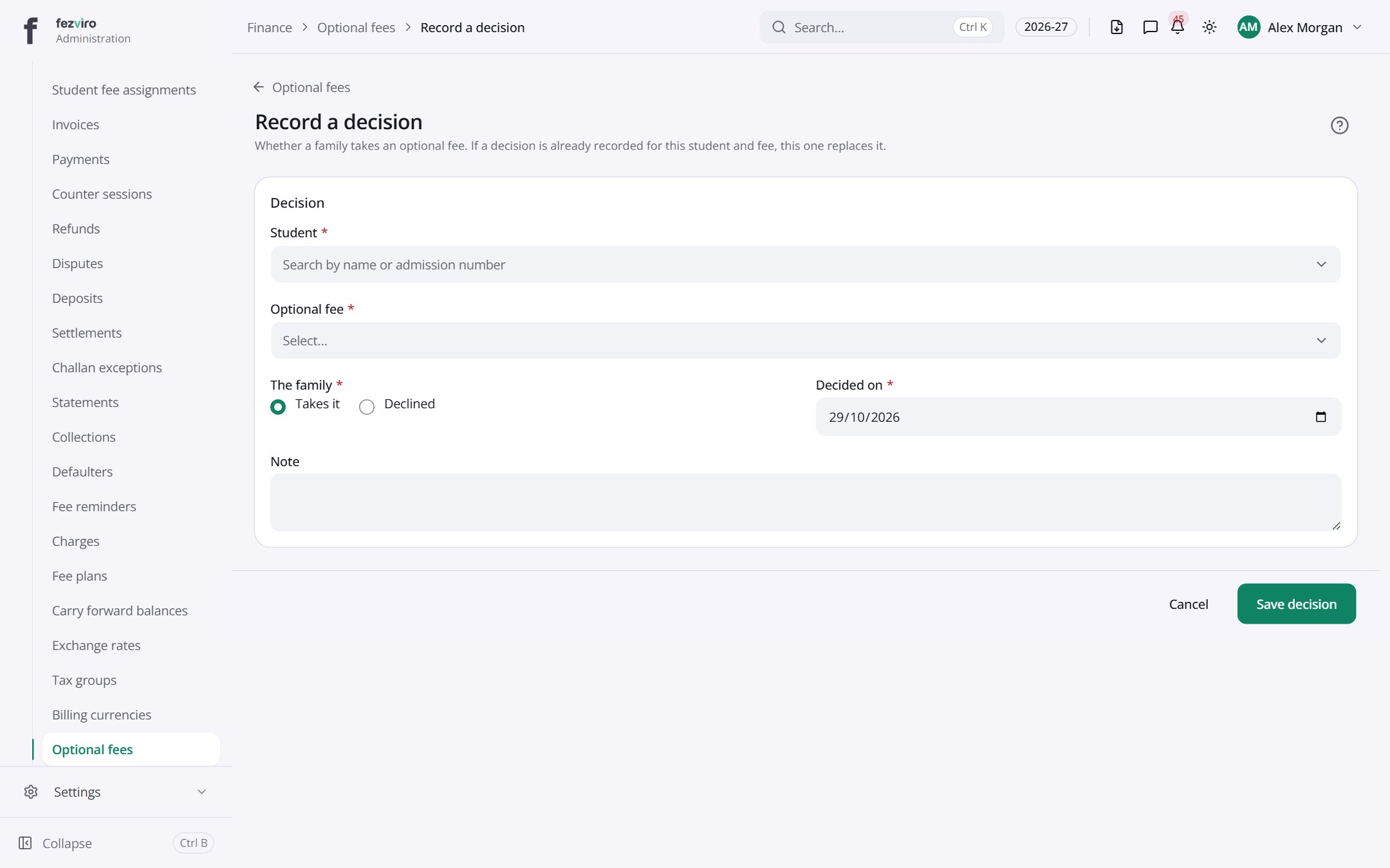 The form: Optional fees