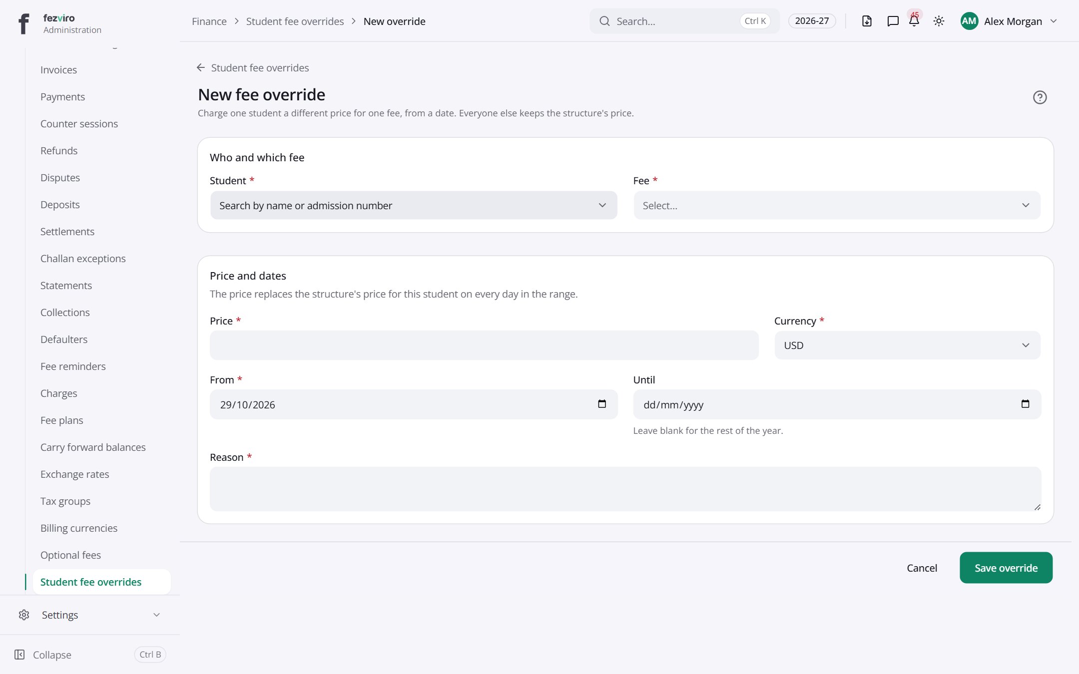 The form: Student fee overrides