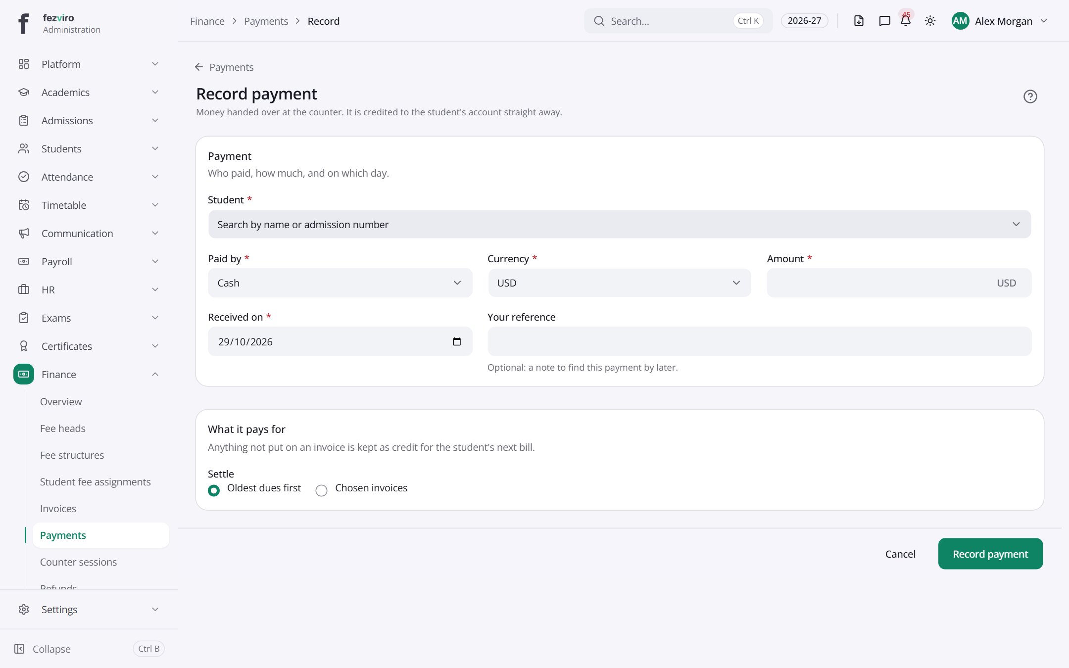 The form: Payments
