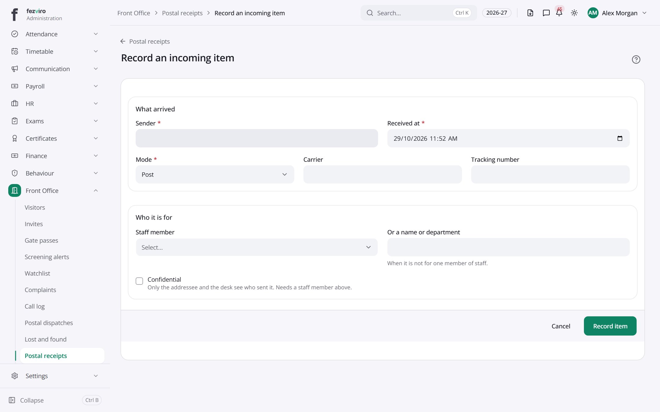 The form: Postal receipts