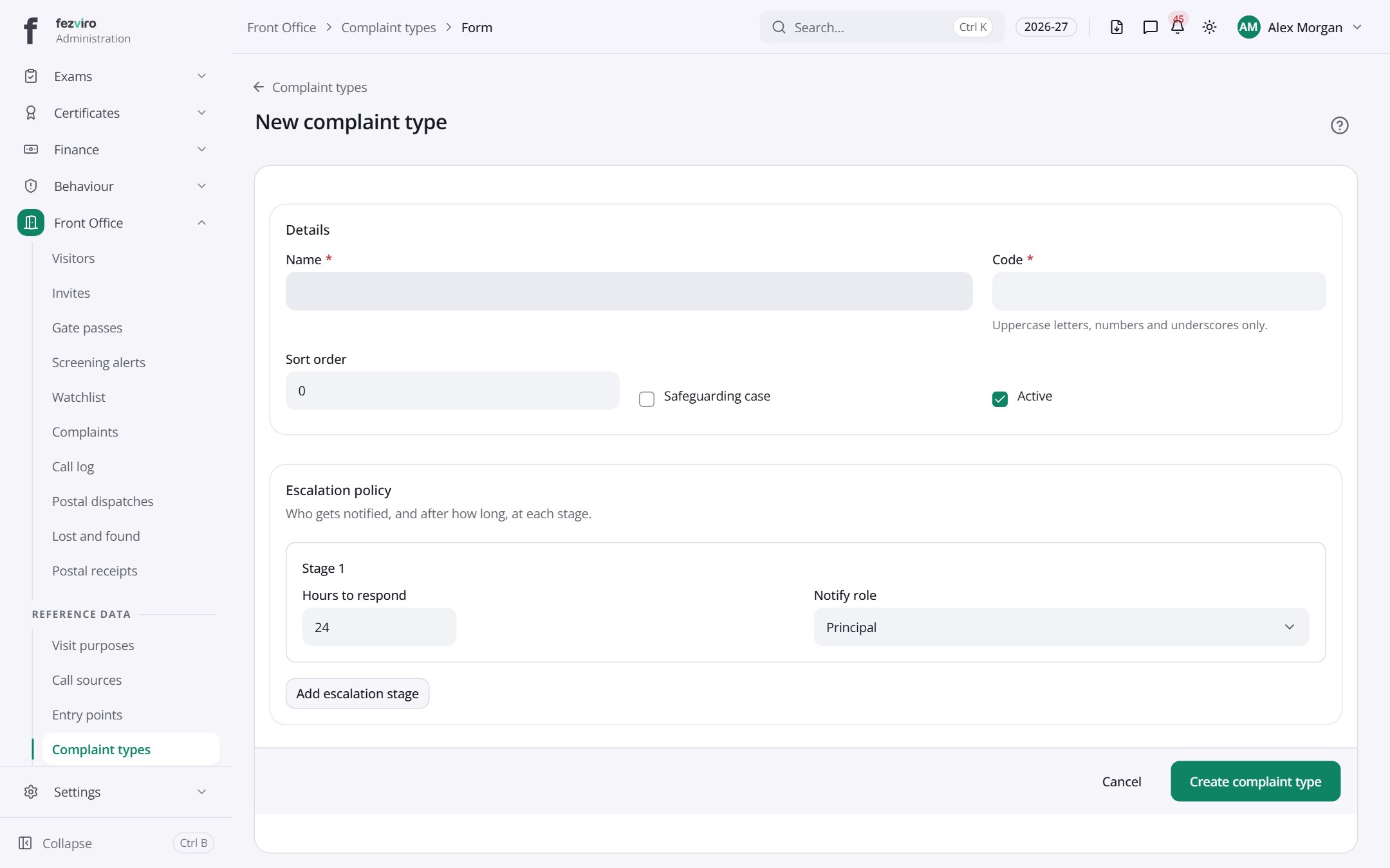 The form: Complaint types