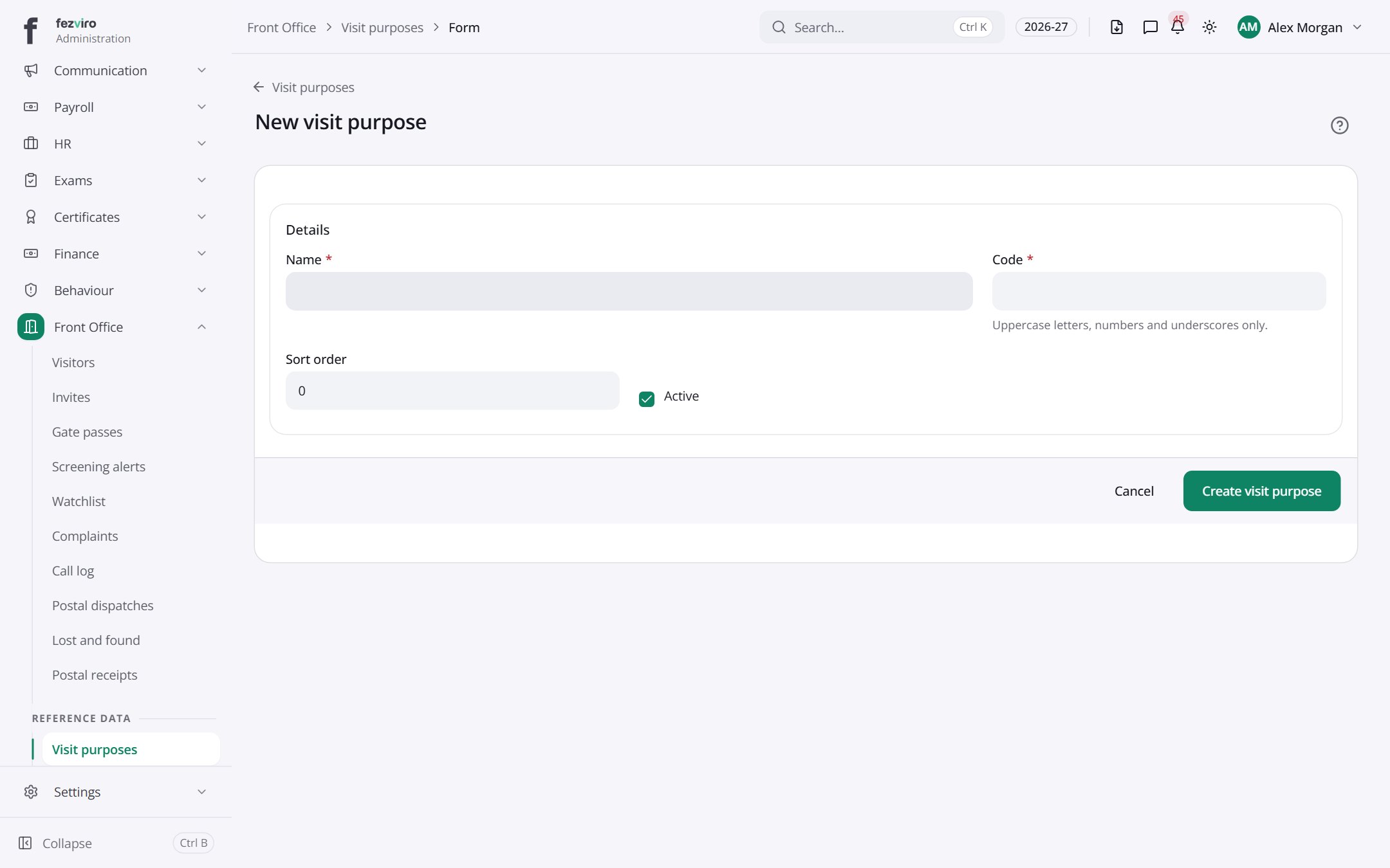 The form: Visit purposes