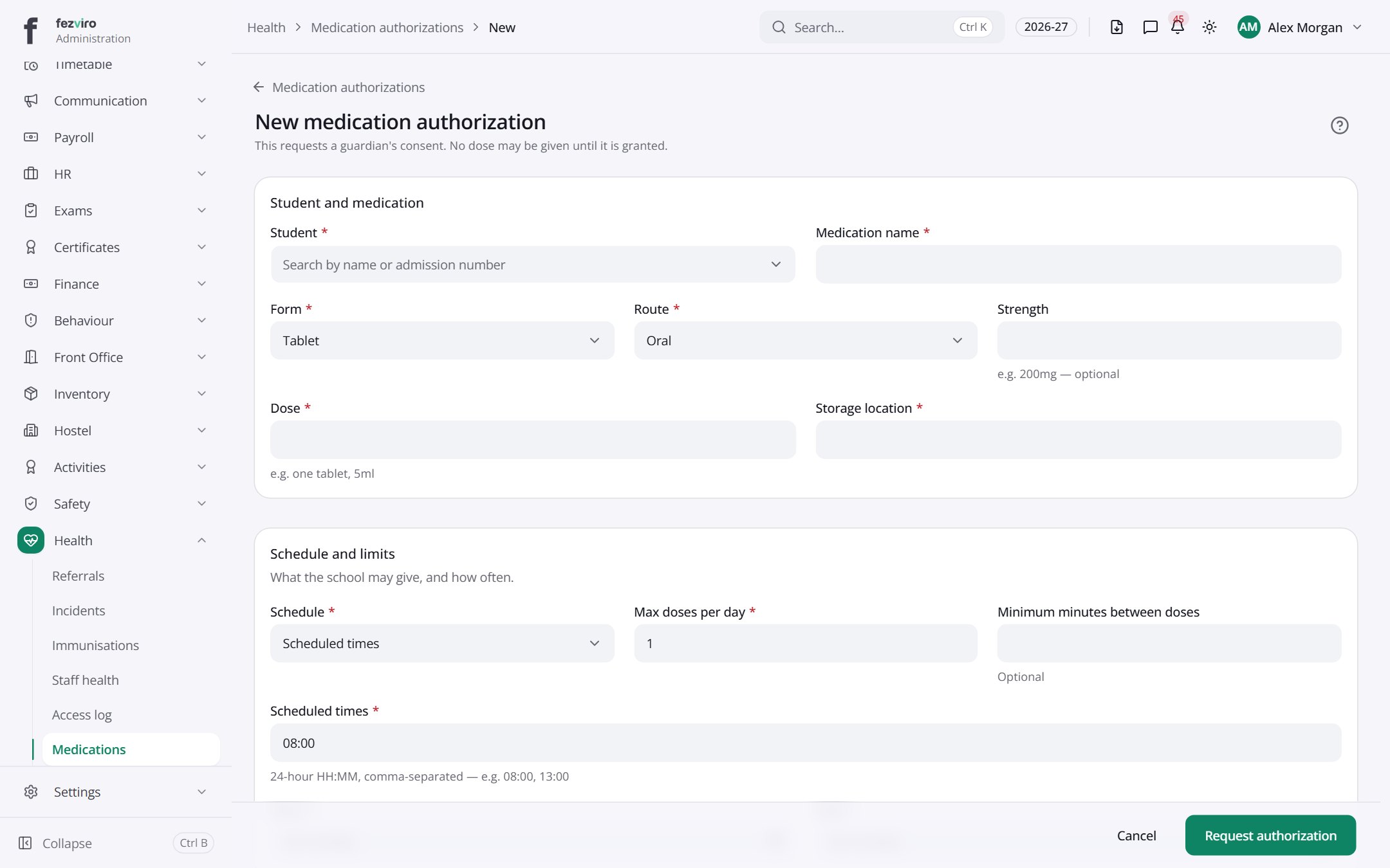 The form: Medication authorizations
