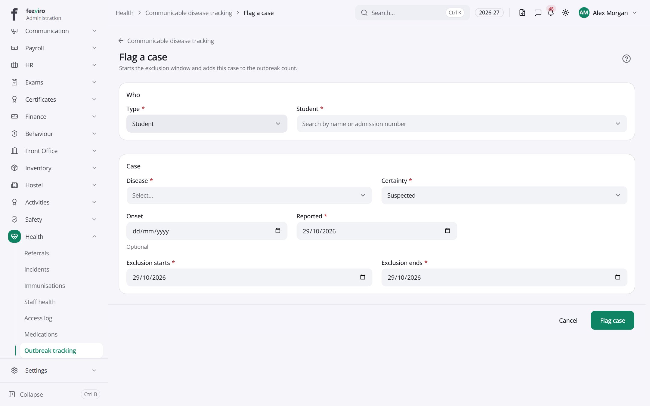 The form: Communicable disease tracking