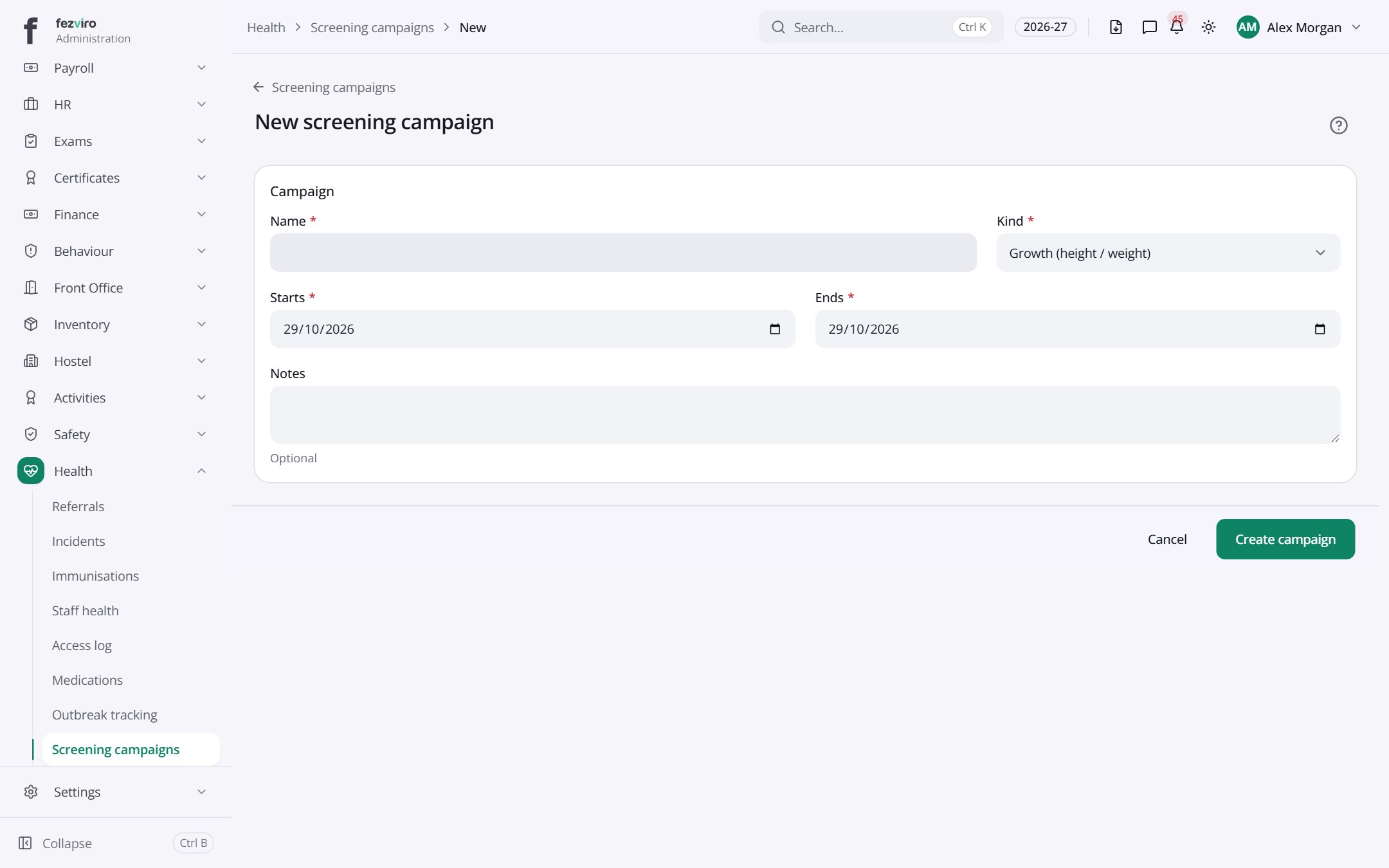 The form: Screening campaigns