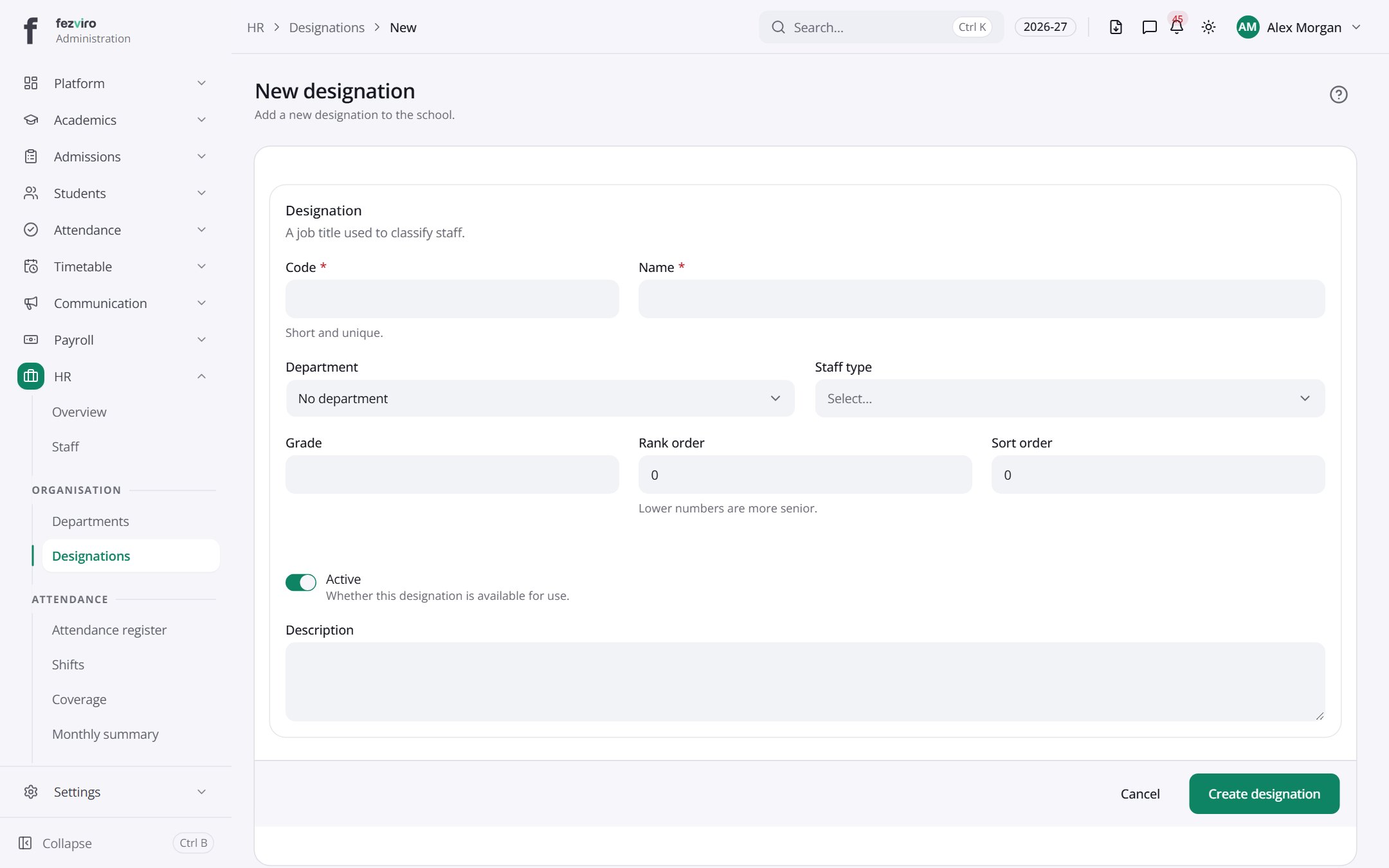 The form: Designations