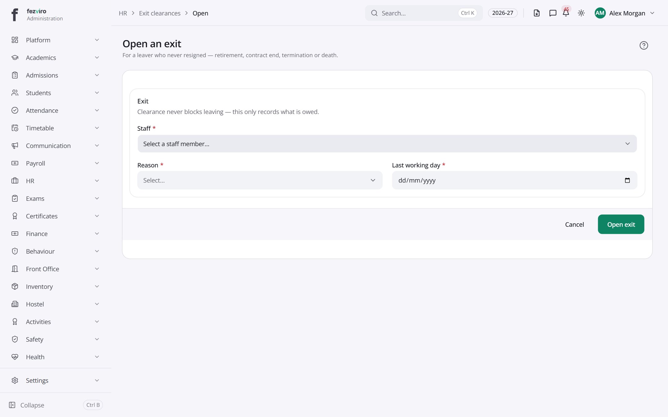 The form: Exit clearances
