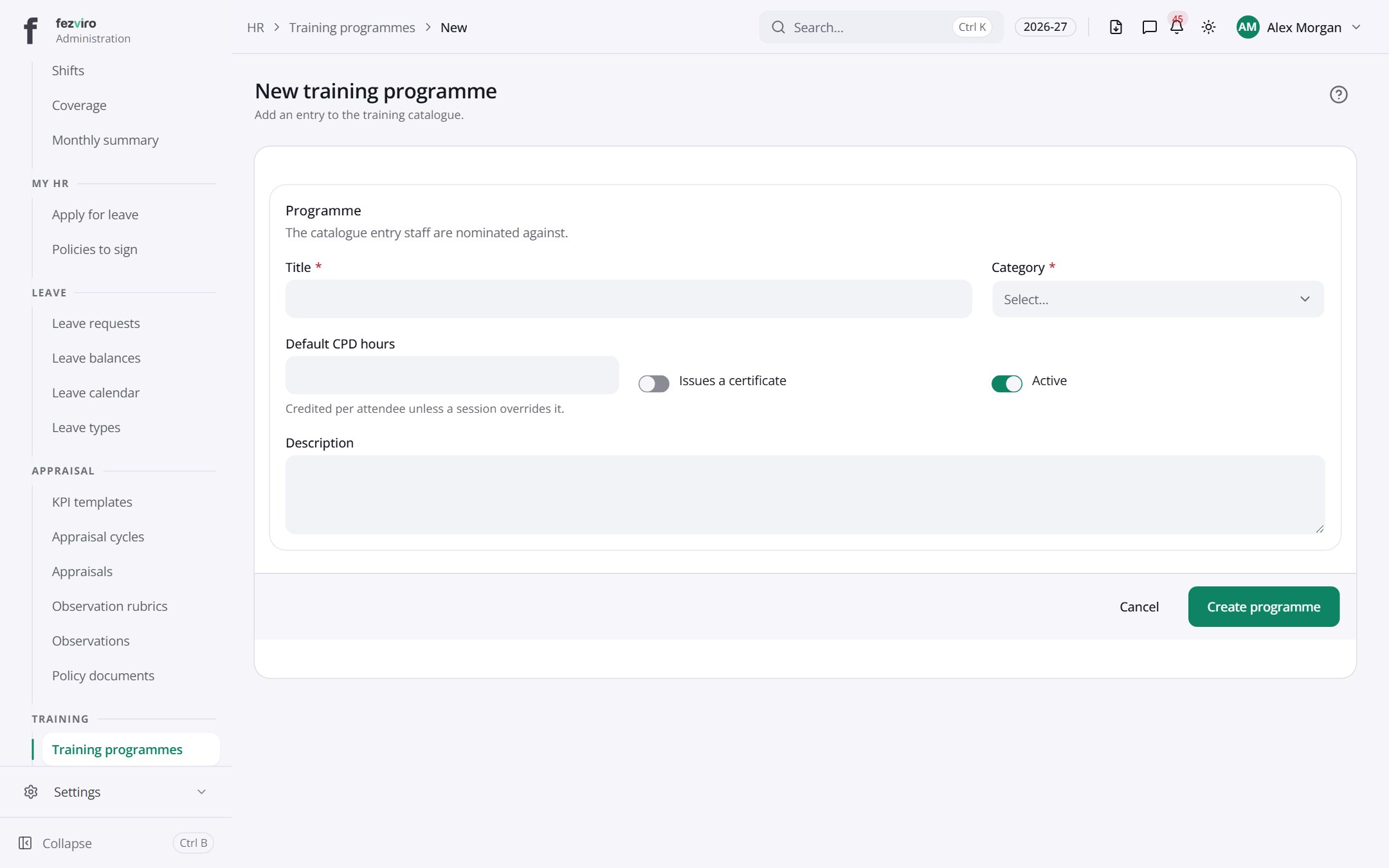 The form: Training programmes
