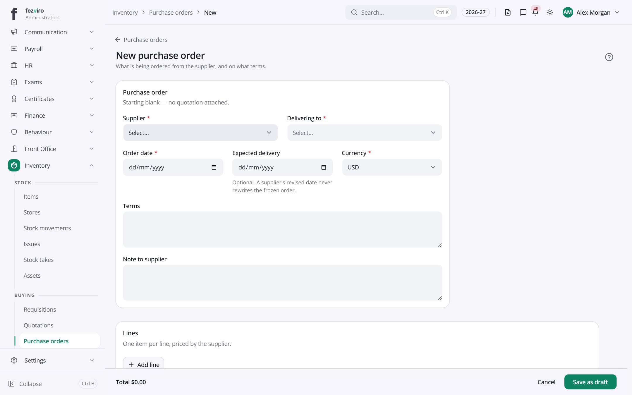 The form: Purchase orders