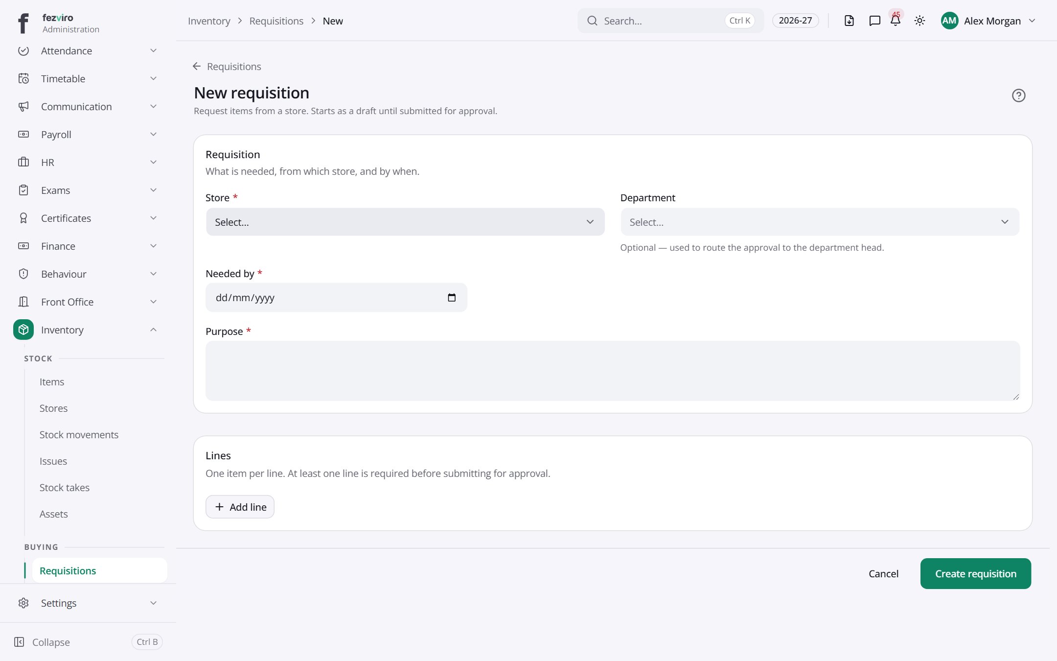The form: Requisitions