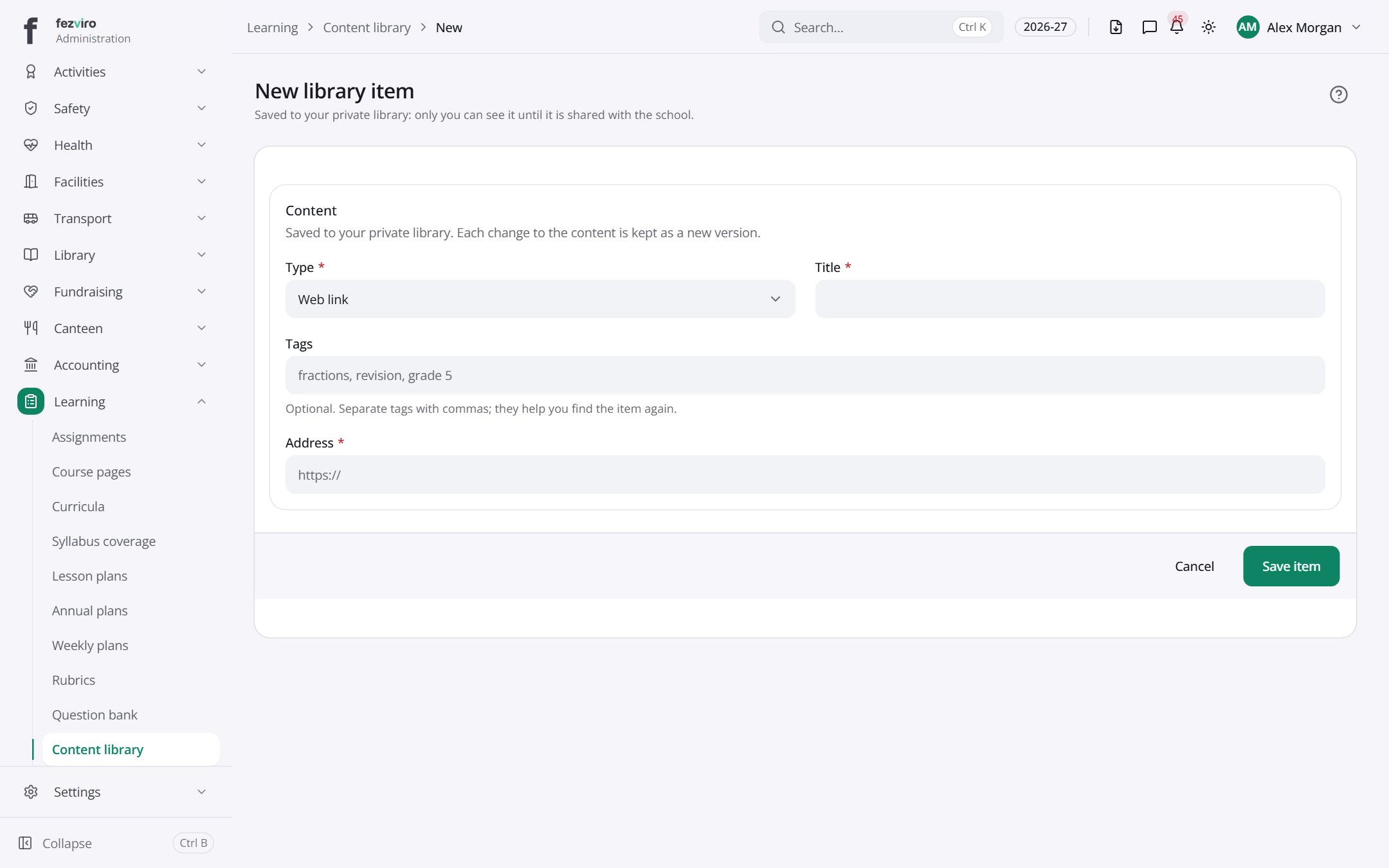 The form: Content library