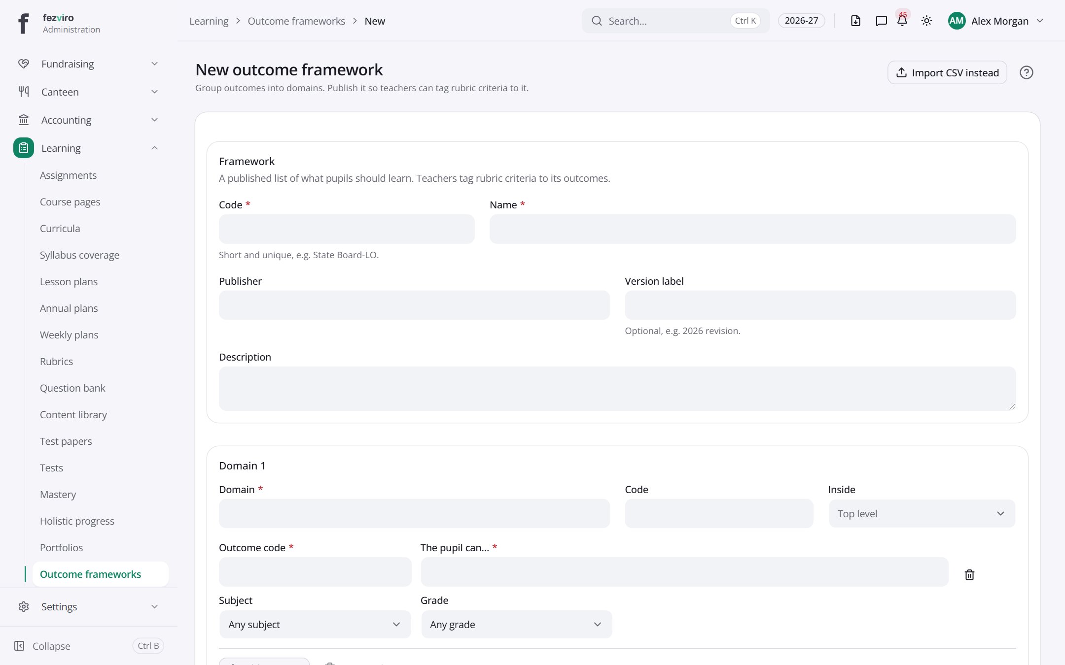 The form: Outcome frameworks