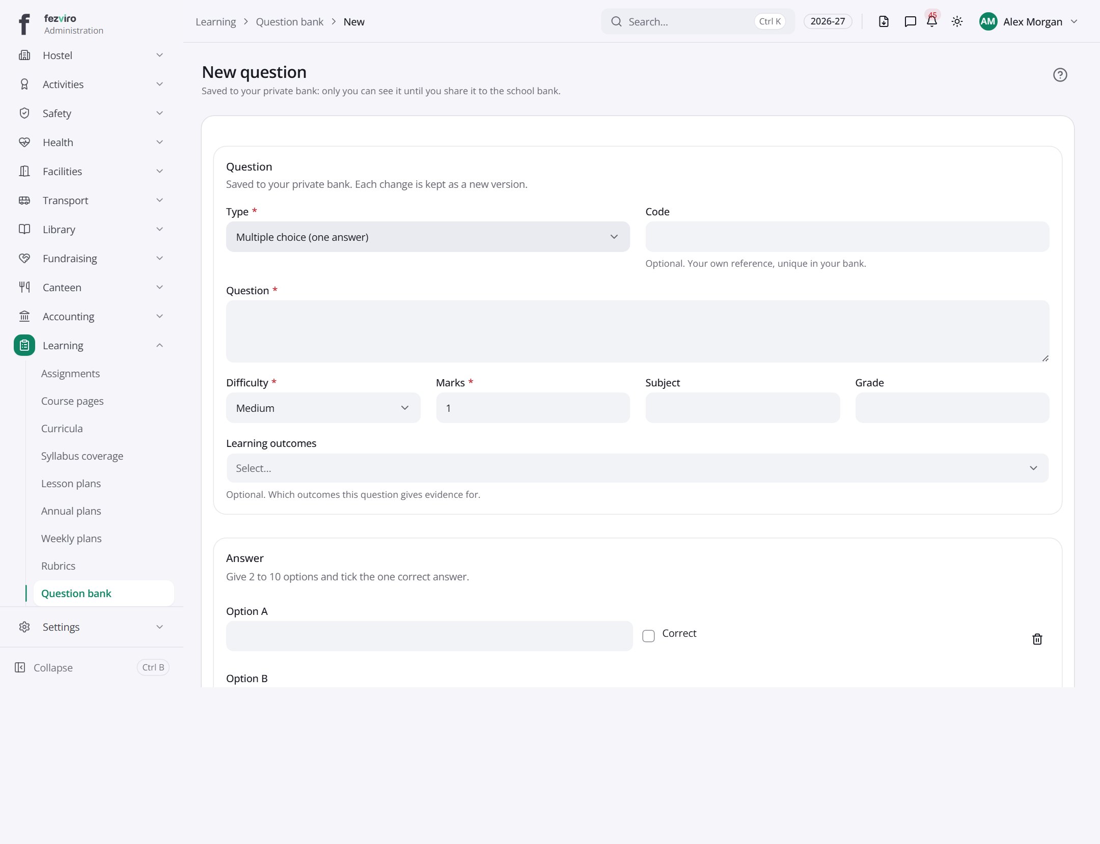 The form: Question bank
