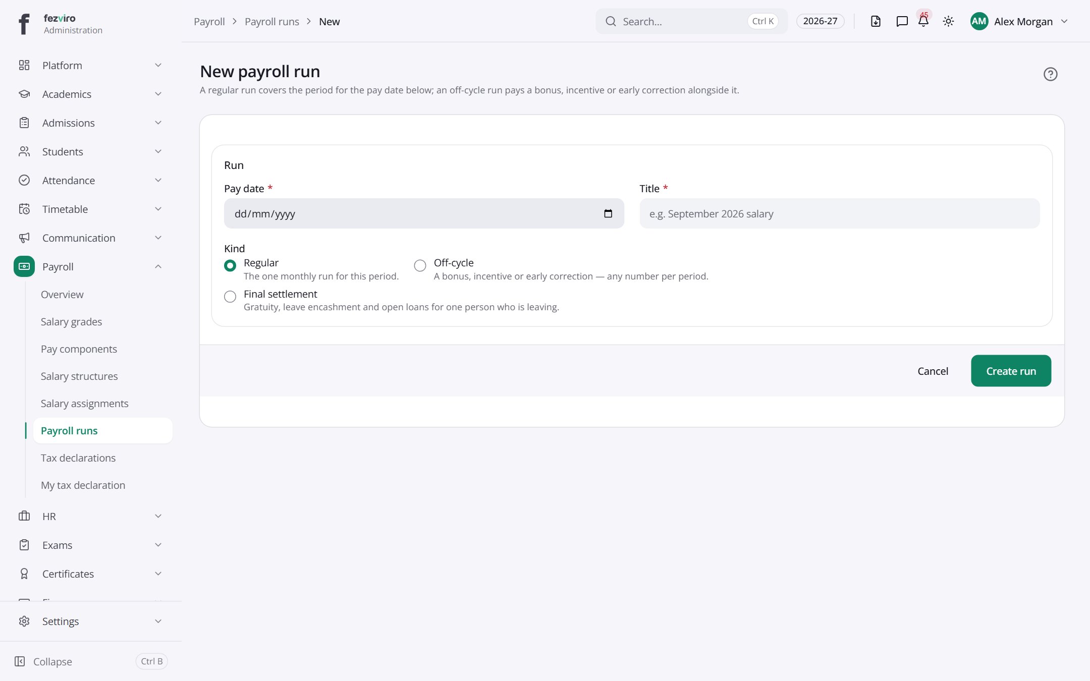 The form: Payroll runs