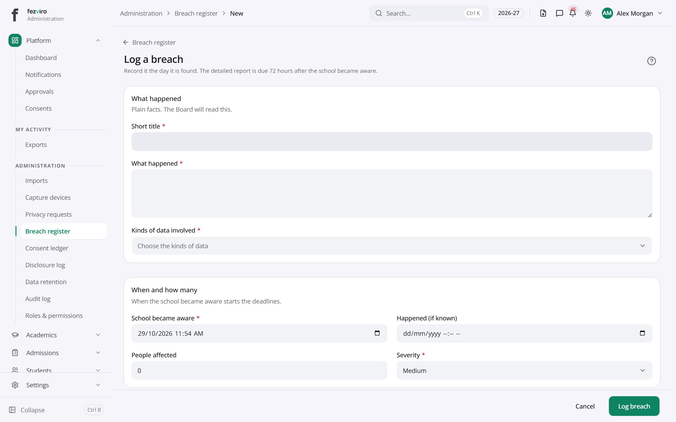 The form: Breach register
