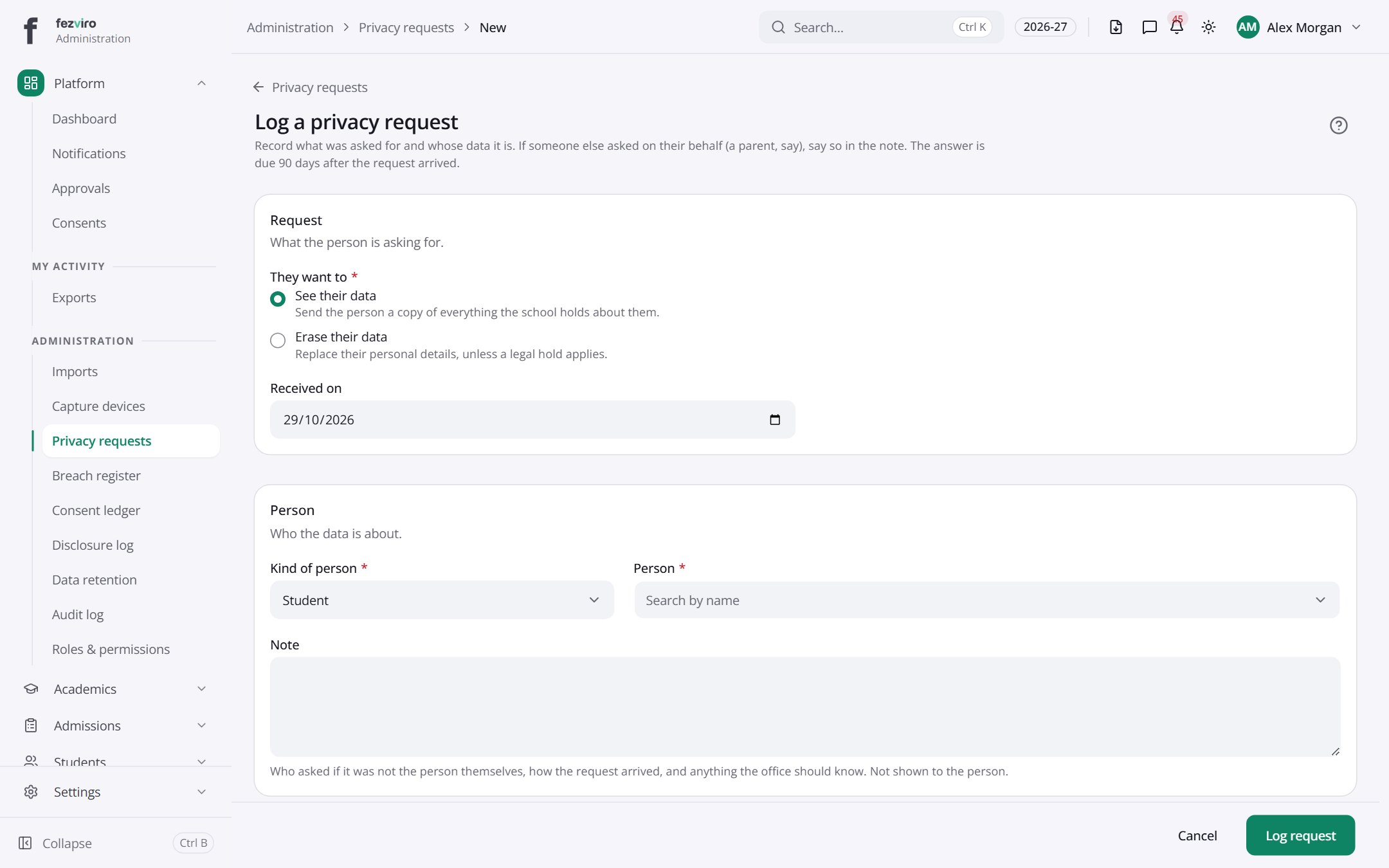 The form: Privacy requests