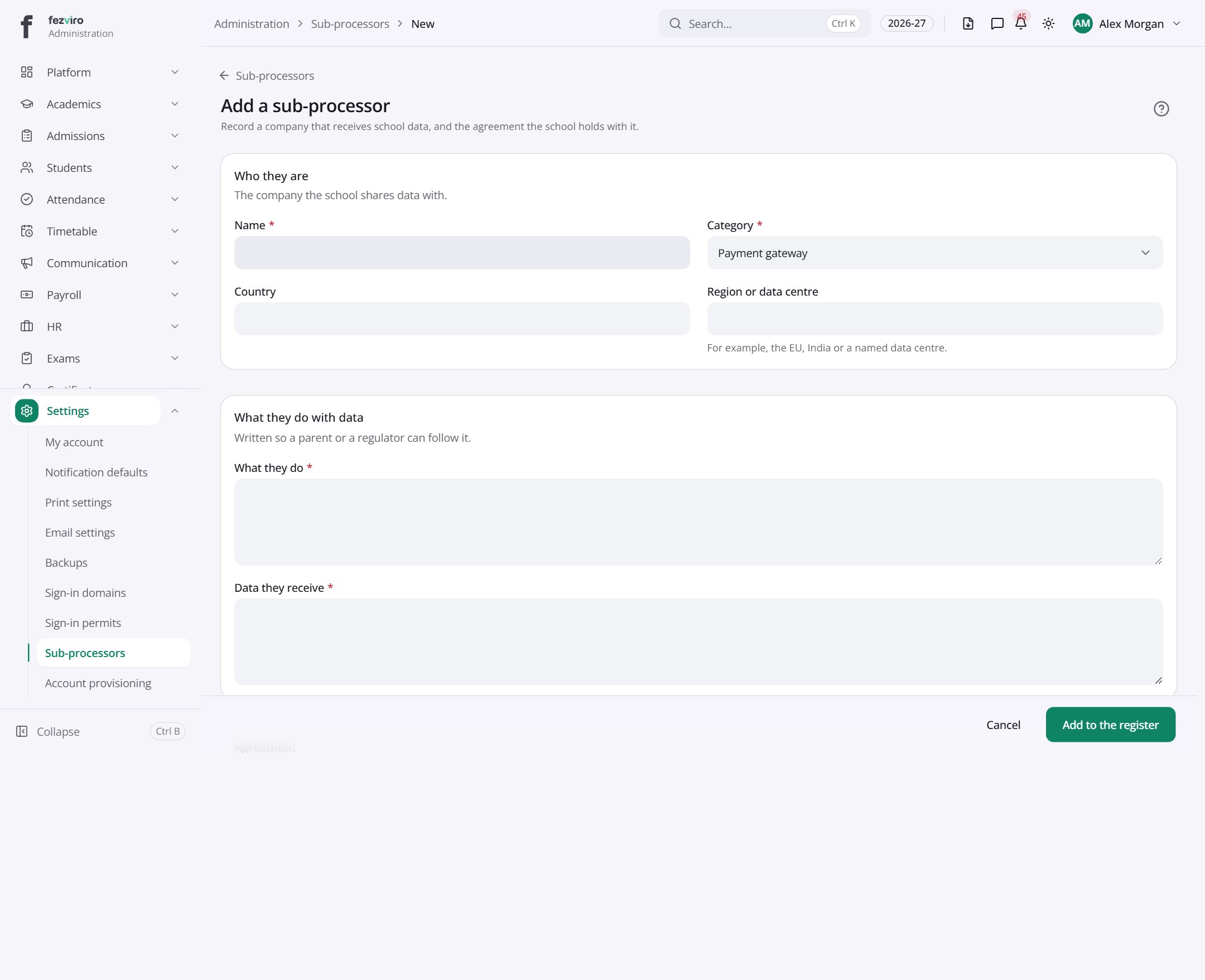 The form: Sub-processors