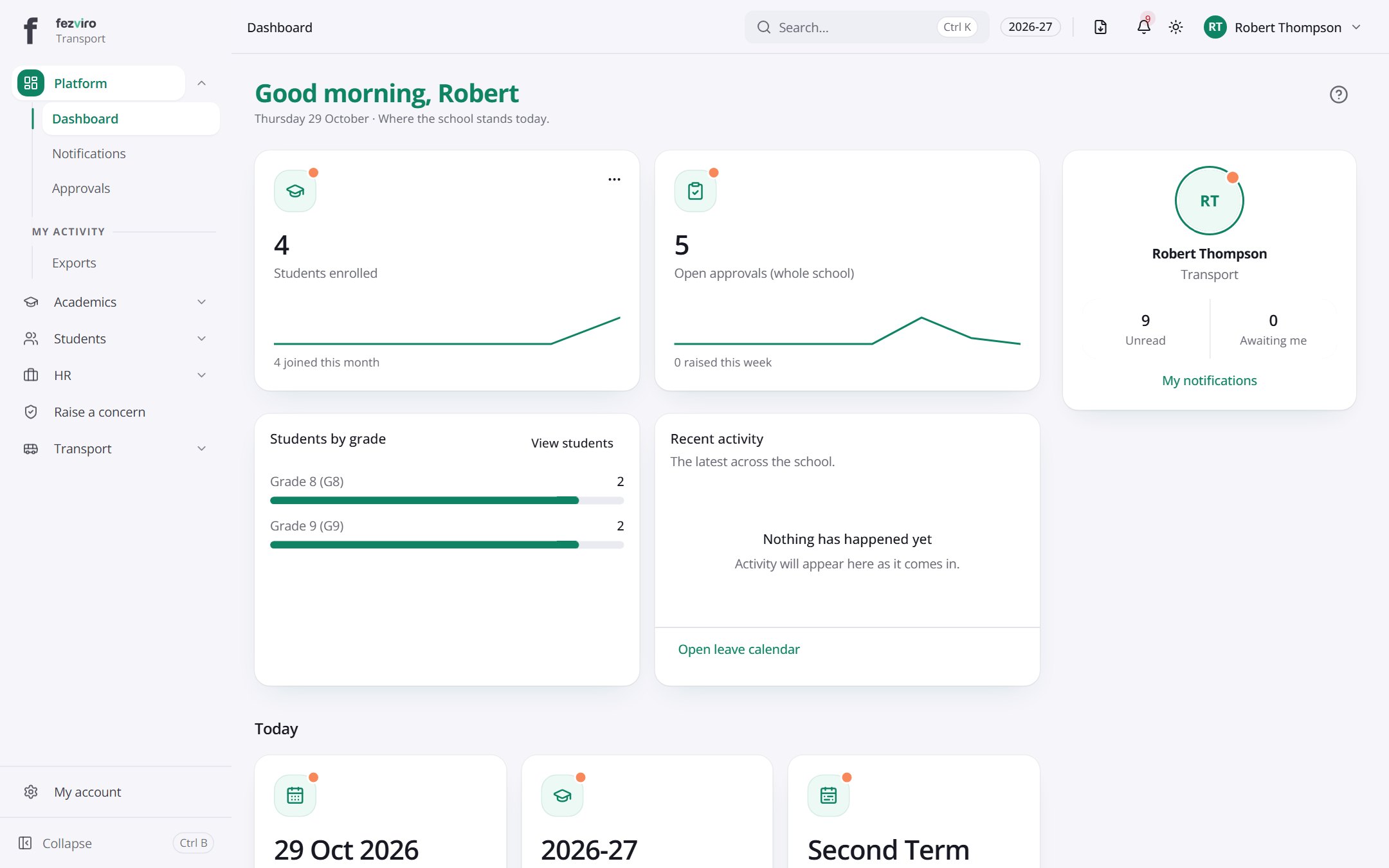 Transport manager home screen