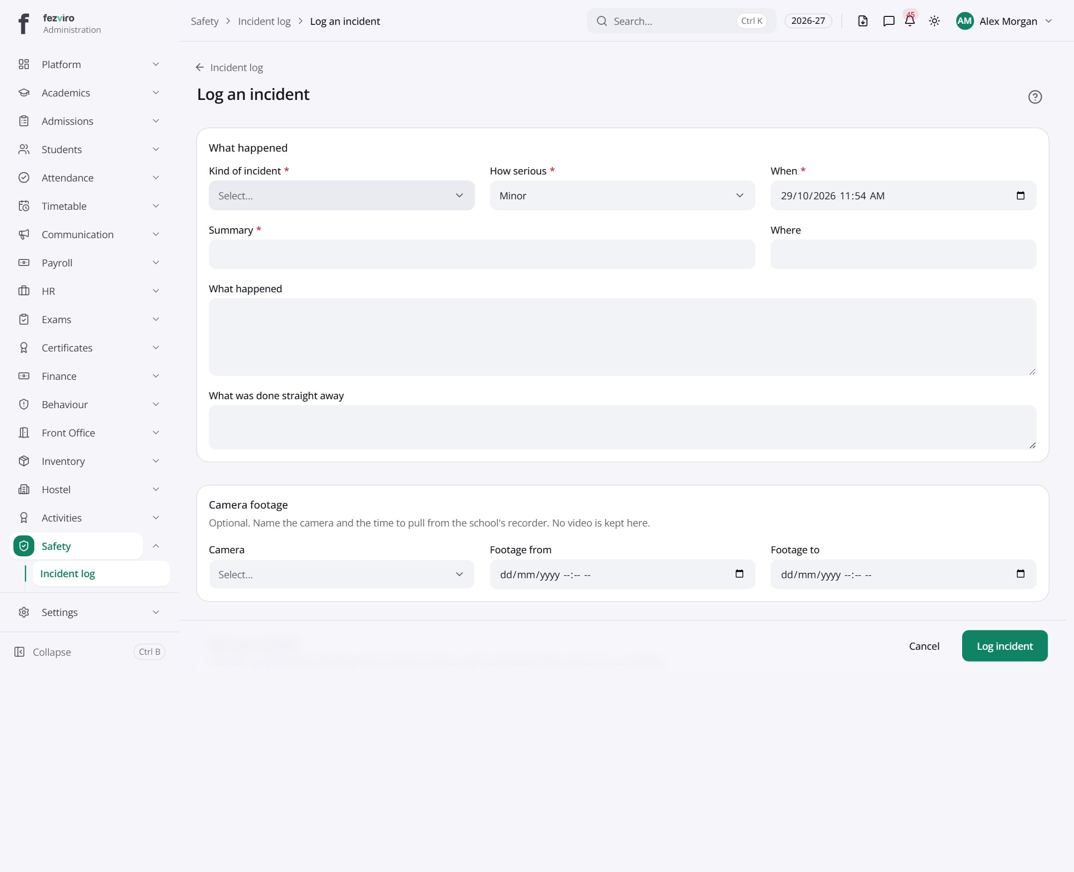 The form: Incident log