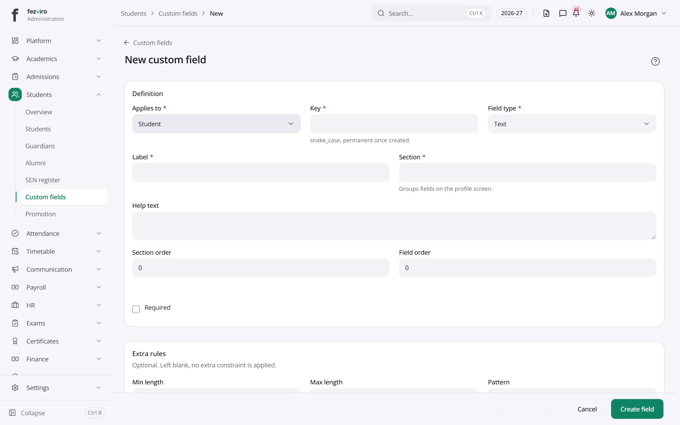 The form: Custom fields