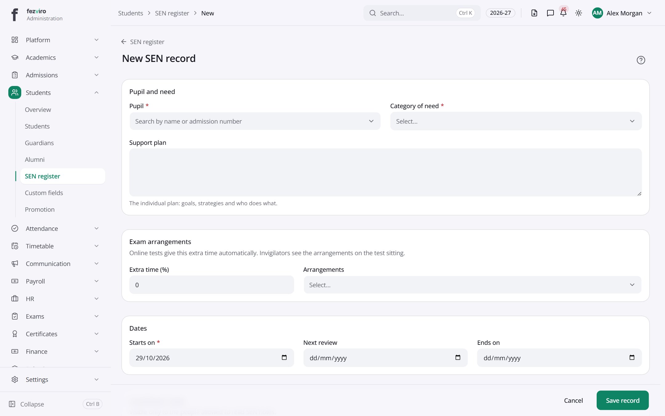 The form: SEN register